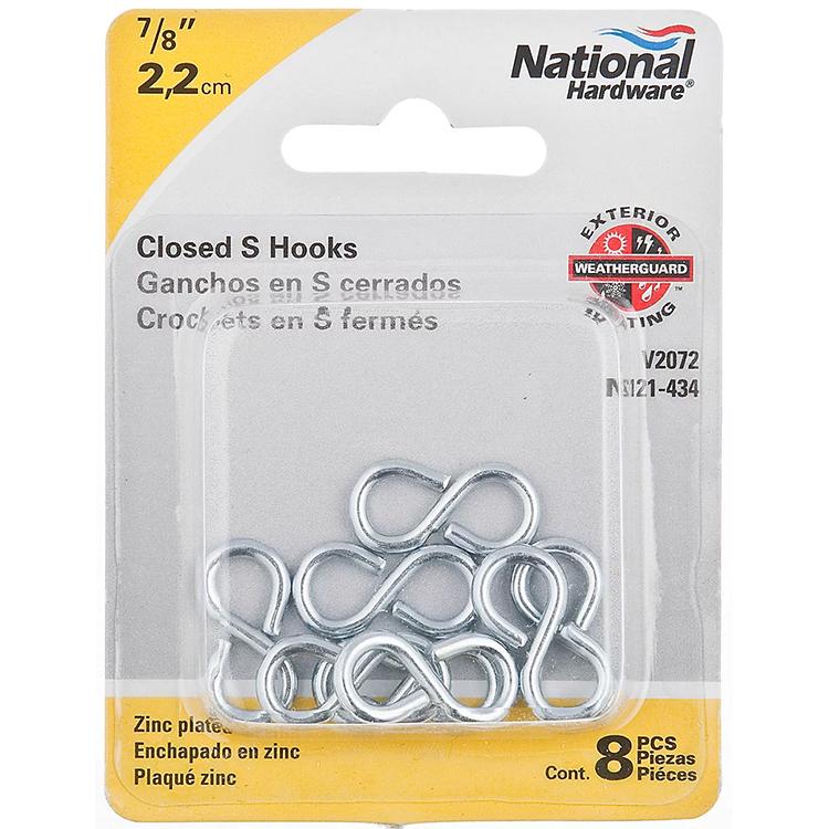 V2072 #813 7/8" Closed S Hook 8/pk - Zinc Plated