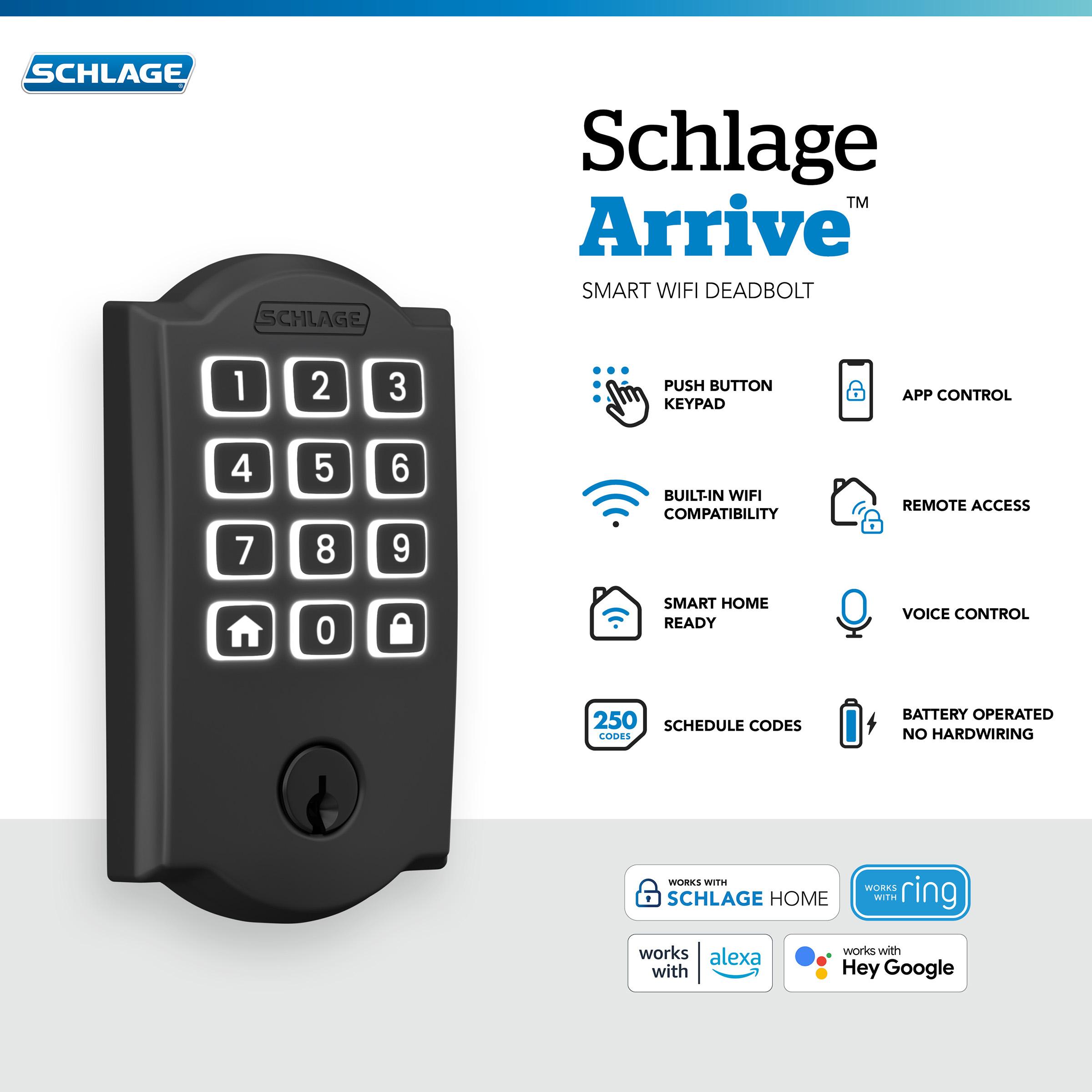 Schlage Arrive Smart WiFi Deadbolt with Camelot Trim in Matte Black
