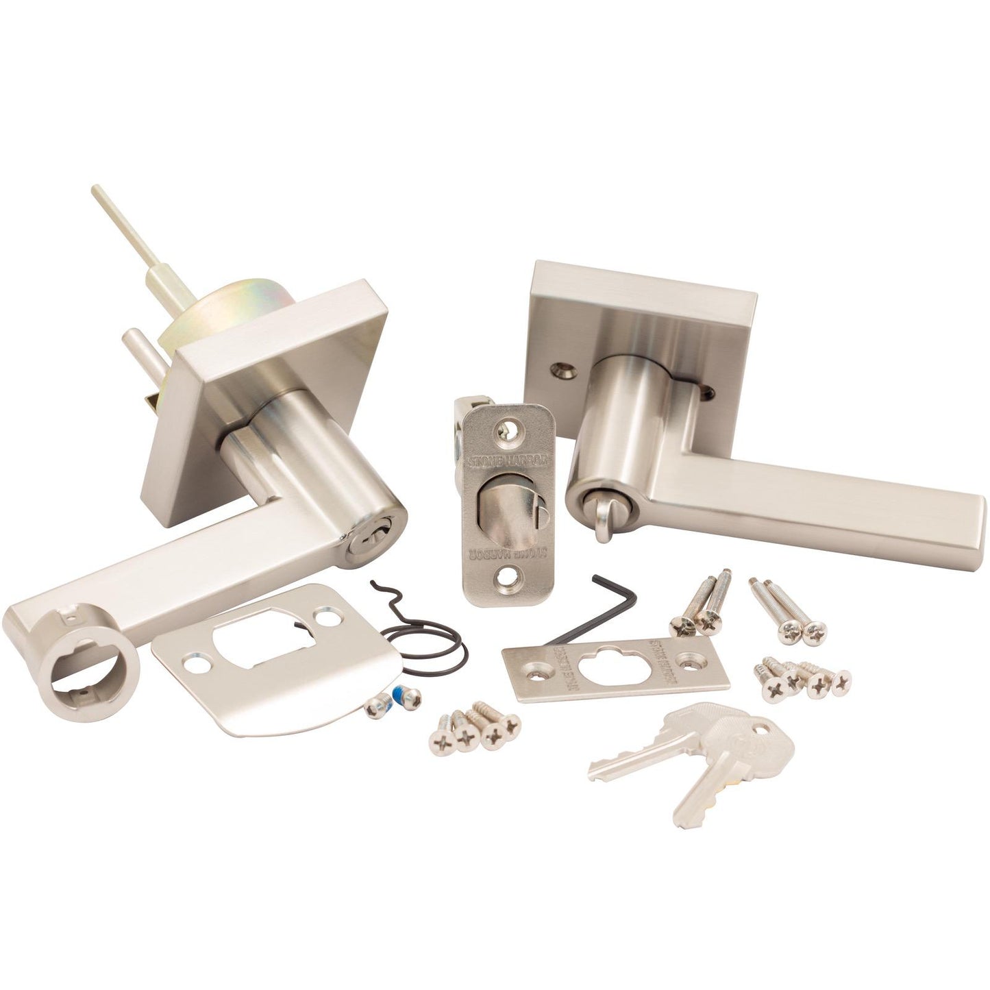 Stone Harbor Hardware Vienna Door Lever with Square Rosette, Entry Latch, KW Keyway, Satin Nickel