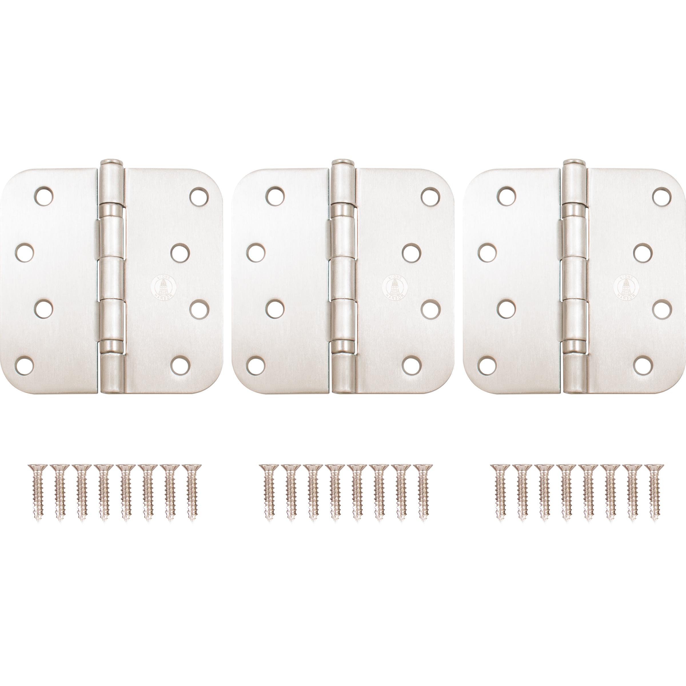 Stone Harbor Hardware 4" Ball-Bearing Door Hinges, 5/8" Radius Corner, Satin Nickel, 3-Pack