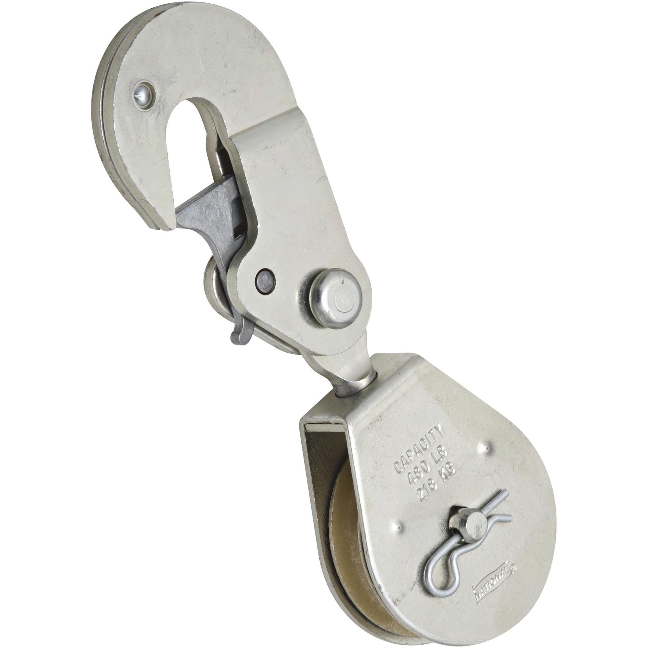 National Hardware - N233-270 3223BC, 2" Latching Swivel Hook Single Pulley in Zinc Plated