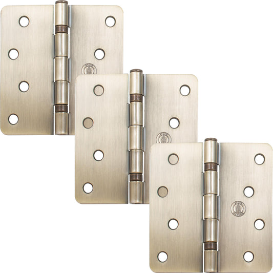Stone Harbor Hardware 4" Ball-Bearing Door Hinges, 1/4" Radius Corner, Antique Brass, 3-Pack