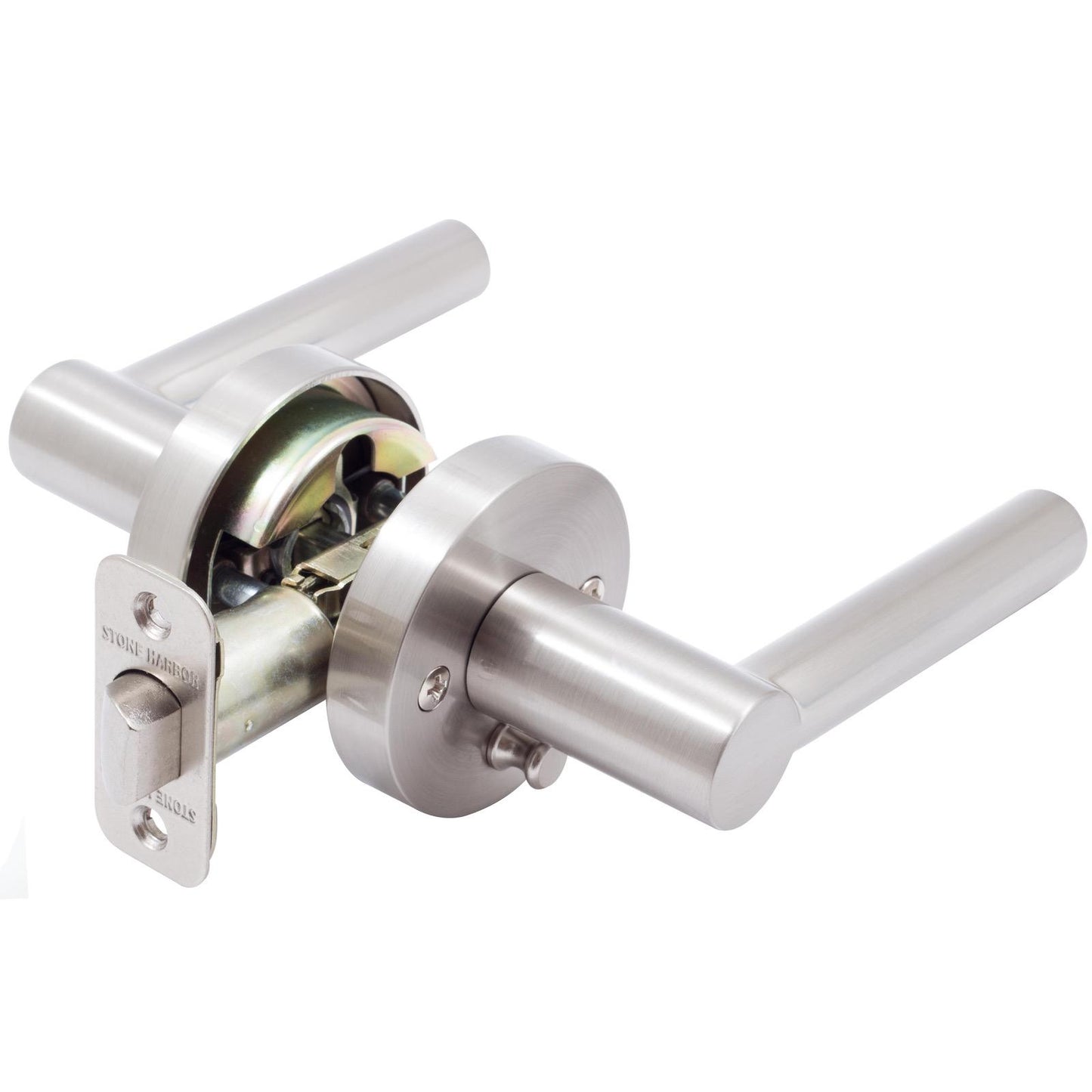 Stone Harbor Hardware Zurich Door Lever with Round Rosette, Privacy (Bed/Bath) Latch, Satin Nickel