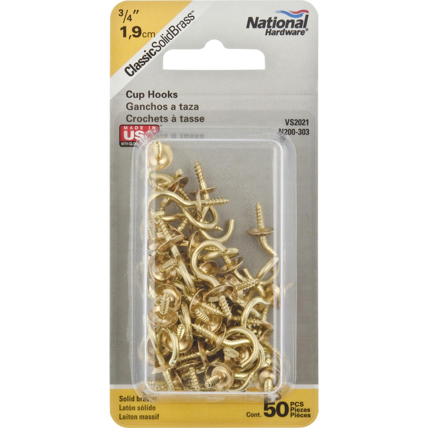 VS2021 3/4" Cup Hook 50/pk - Polished Brass