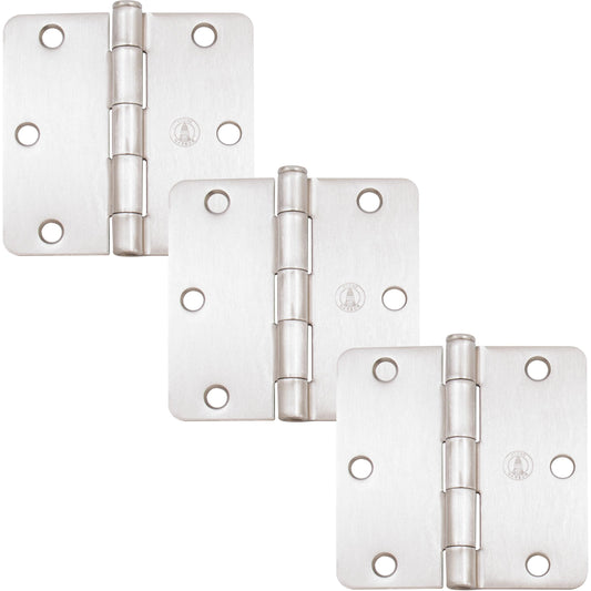 Stone Harbor Hardware 3-1/2" Door Hinges, 1/4" Radius Corner, Satin Nickel, 3-Pack
