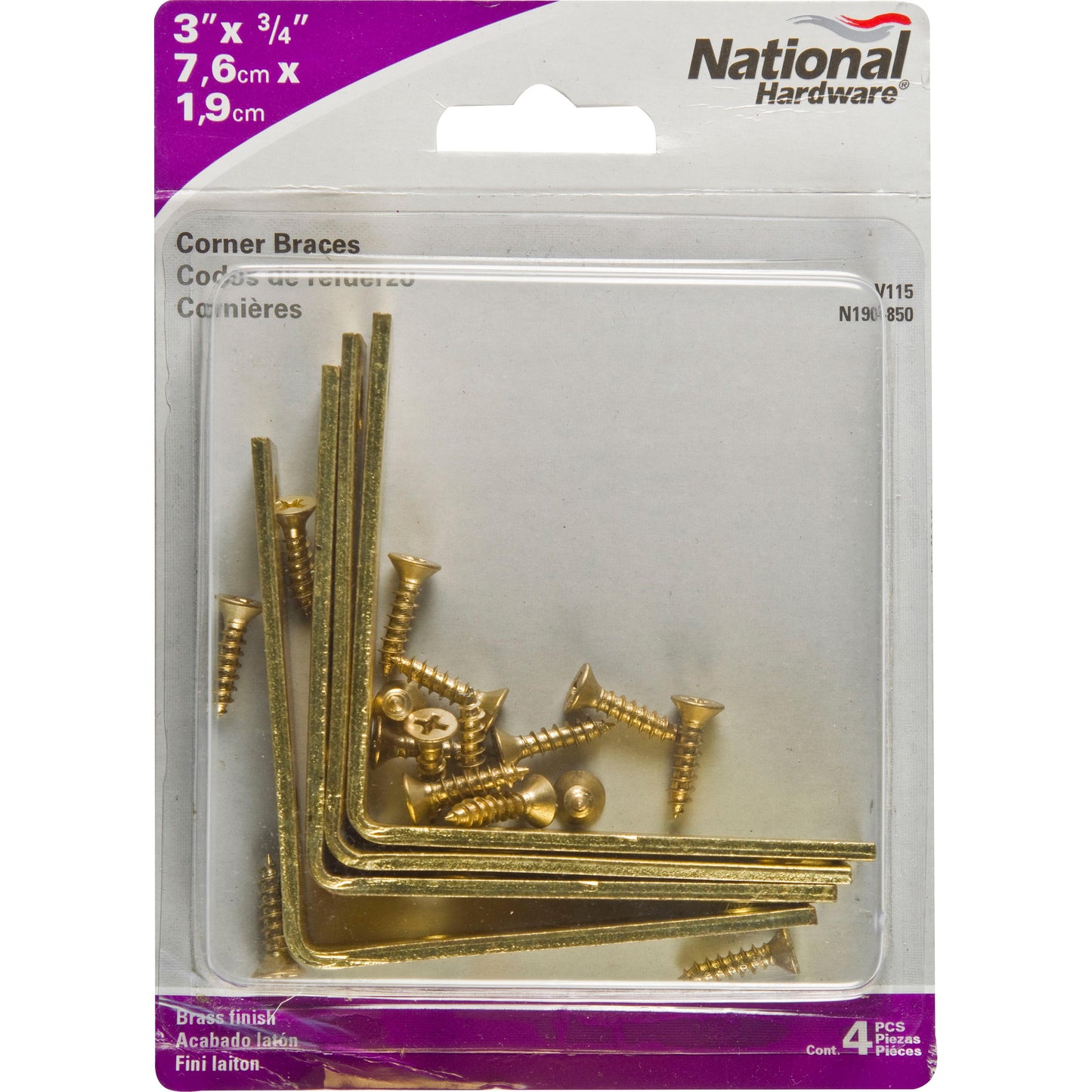 V115 3" x 3/4" Corner Brace 4/pk - Polished Brass