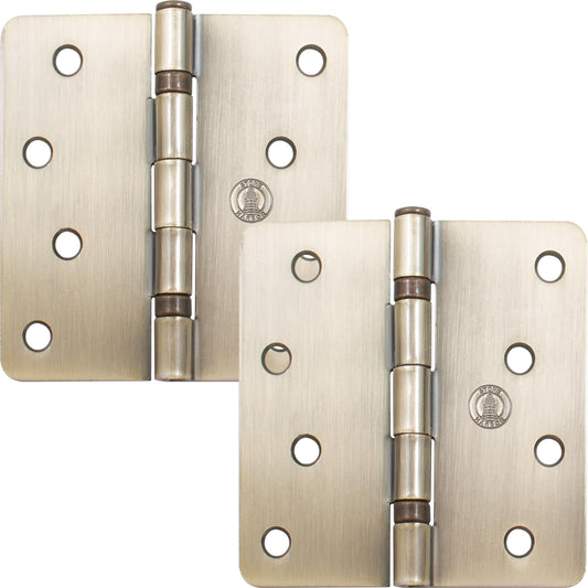 Stone Harbor Hardware 4" Ball-Bearing Door Hinges, 1/4" Radius Corner, Antique Brass, 2-Pack
