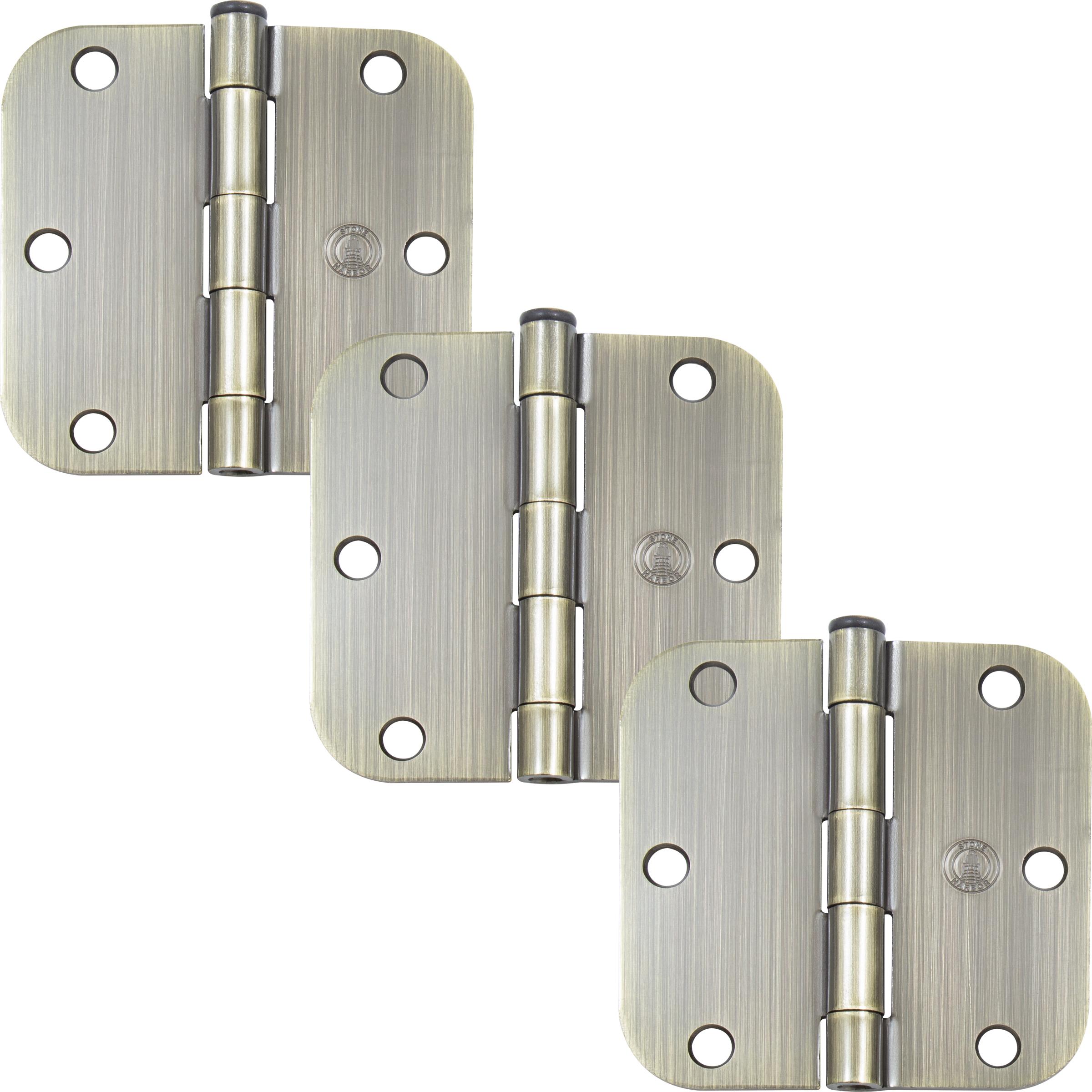 Stone Harbor Hardware 3-1/2" Door Hinges, 5/8" Radius Corner, Antique Brass, 3-Pack