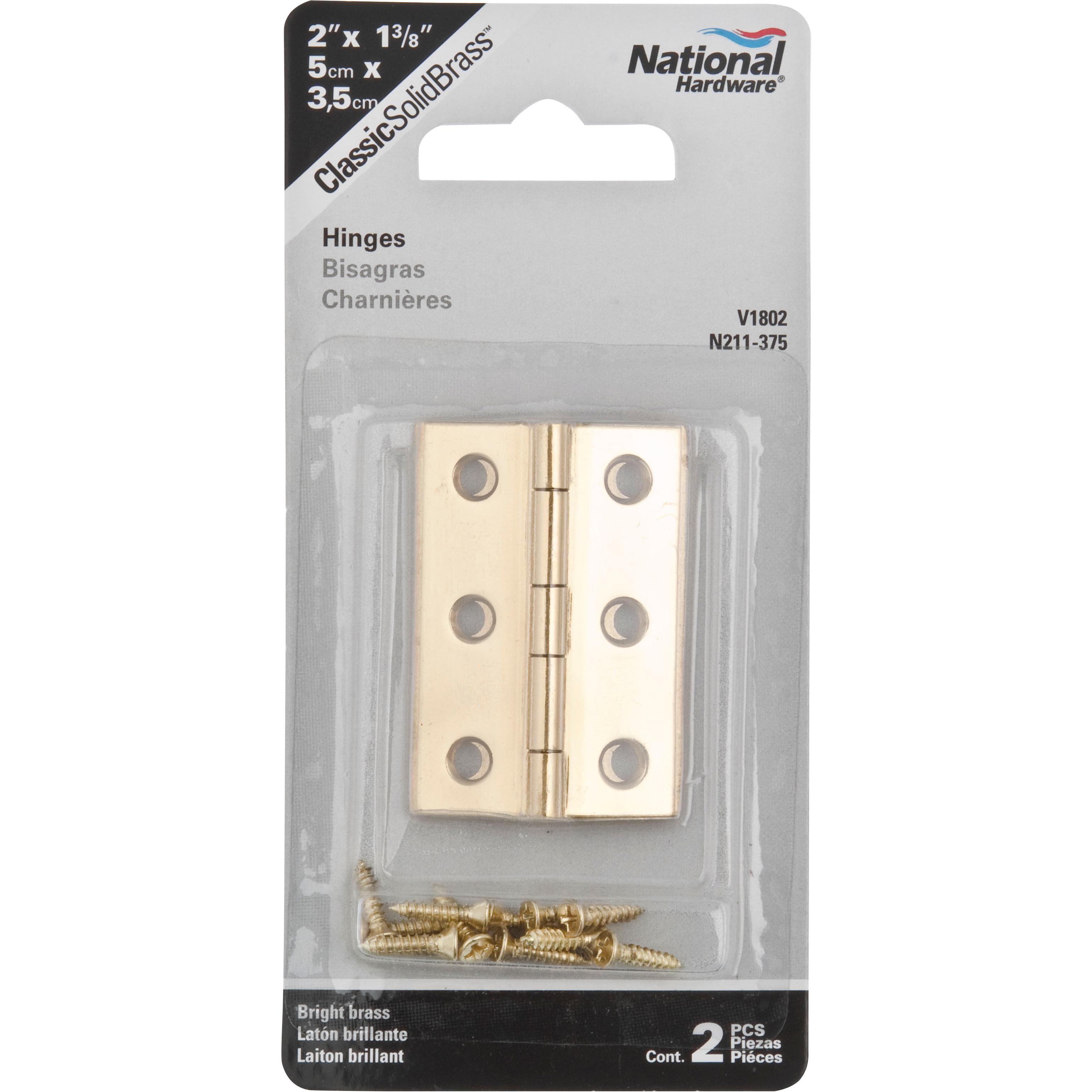 National Hardware - V1802 2" x 1-3/8" Hinge 2/pk - Polished Brass