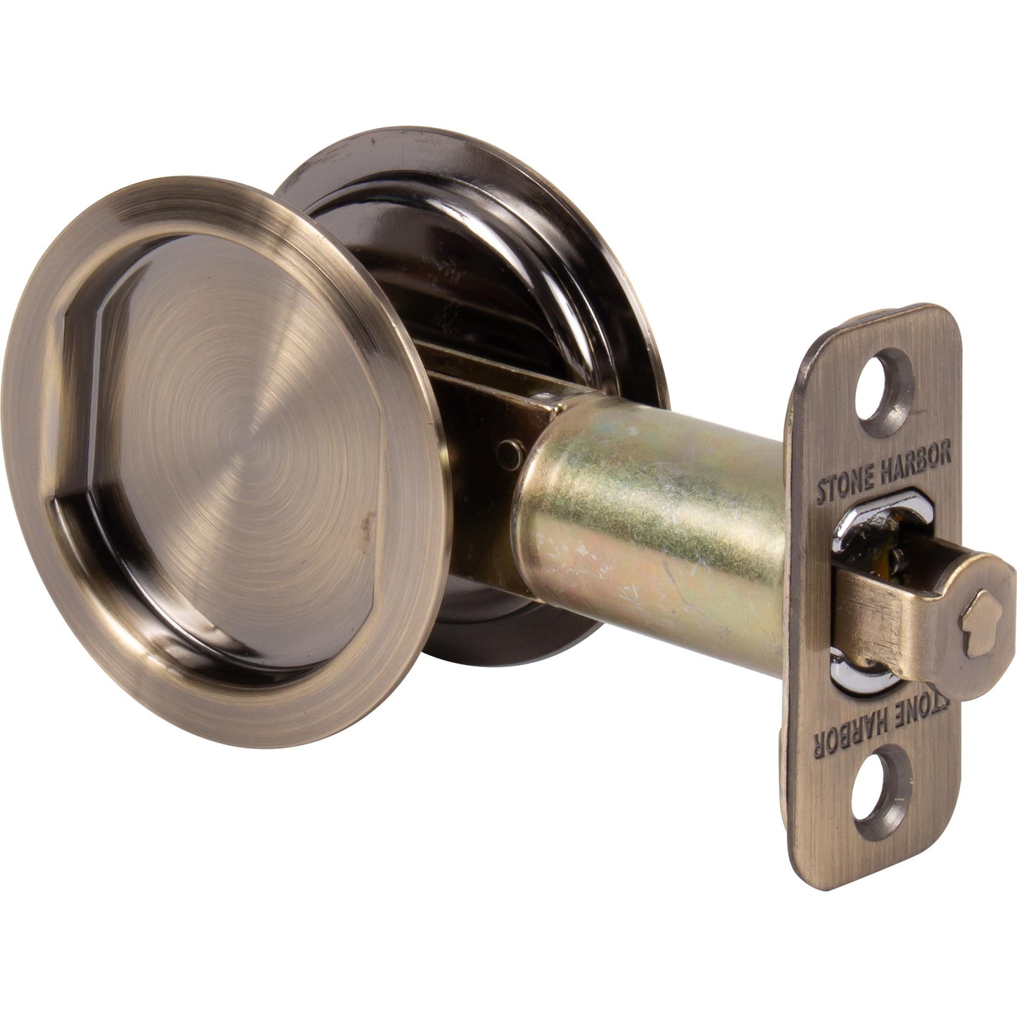 Stone Harbor Hardware Round Pocket Door Lock, Passage Function, 2-3/4" Backset, Antique Brass