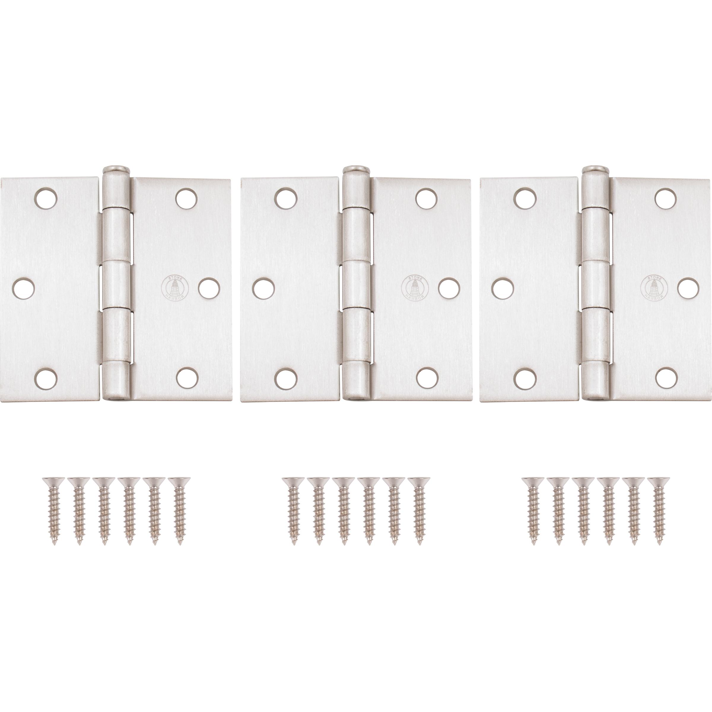 Stone Harbor Hardware 3-1/2" Door Hinges, Square Corner, Satin Nickel, 3-Pack