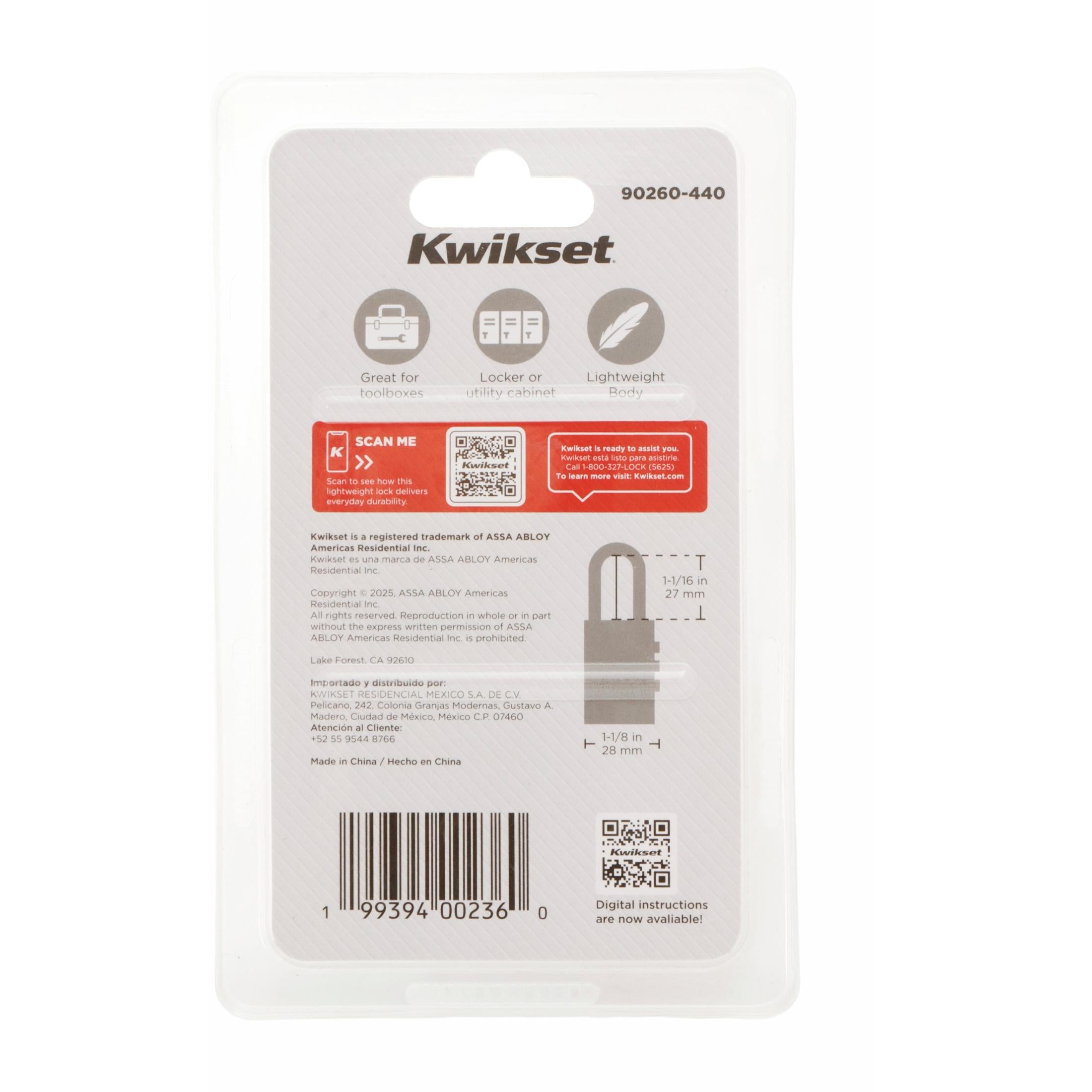 Kwikset 1-1/8" Aluminum Combination Padlock with 1" Shackle, Silver
