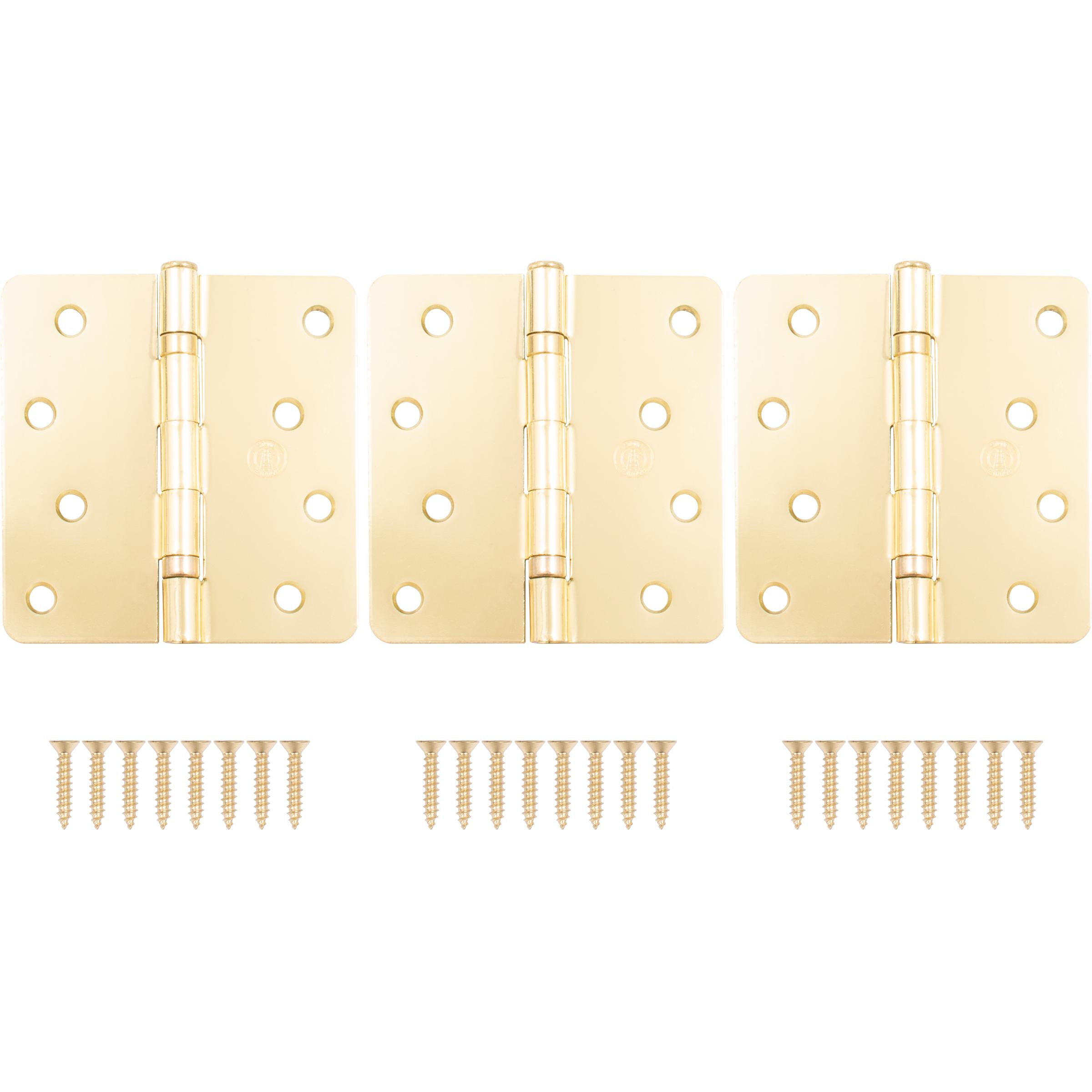 Stone Harbor Hardware 4" Ball-Bearing Door Hinges, 1/4" Radius Corner, Polished Brass, 3-Pack