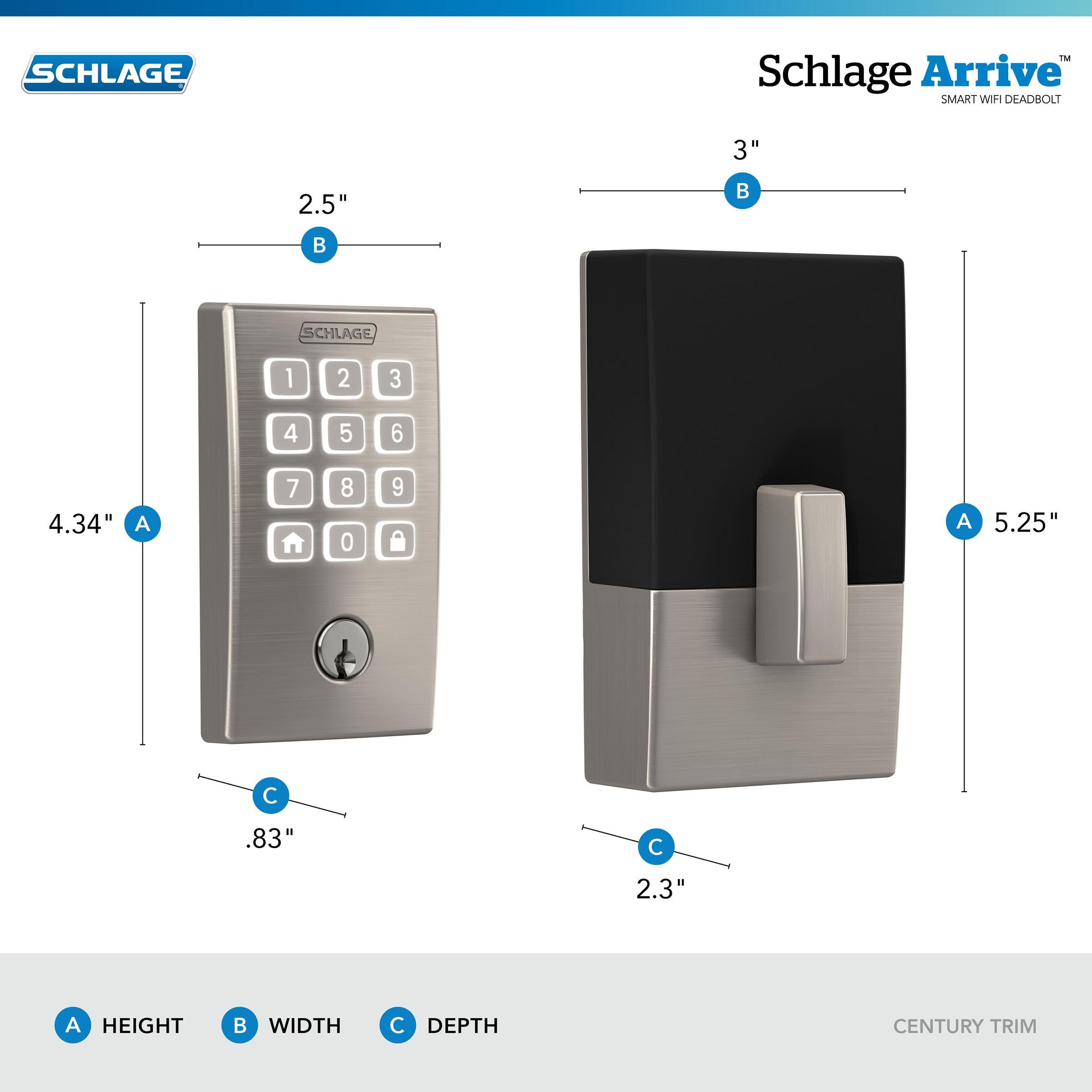 Schlage Arrive Smart WiFi Deadbolt with Century Trim in Satin Nickel