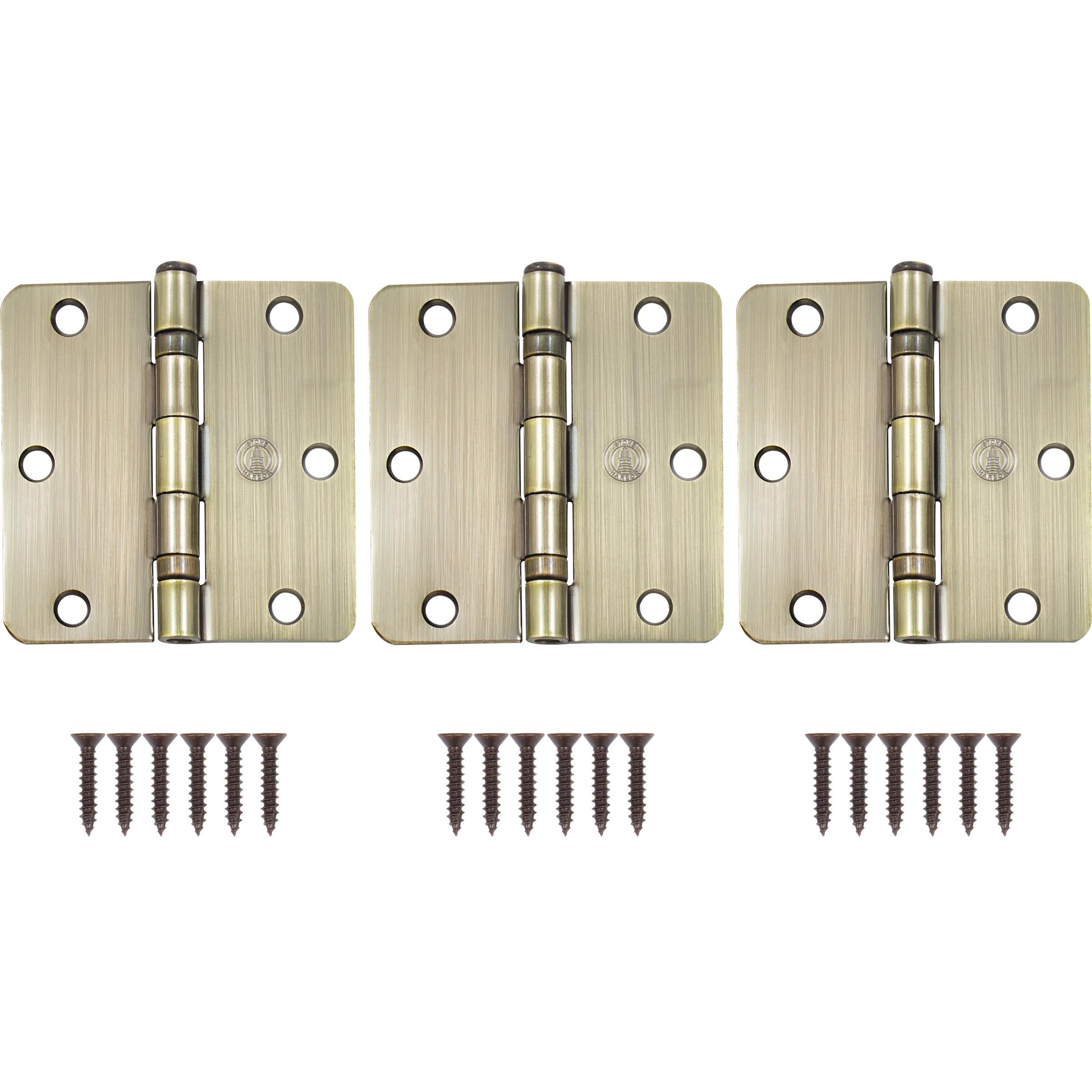 Stone Harbor Hardware 3-1/2" Ball-Bearing Door Hinges, 1/4" Radius Corner, Antique Brass, 3-Pack
