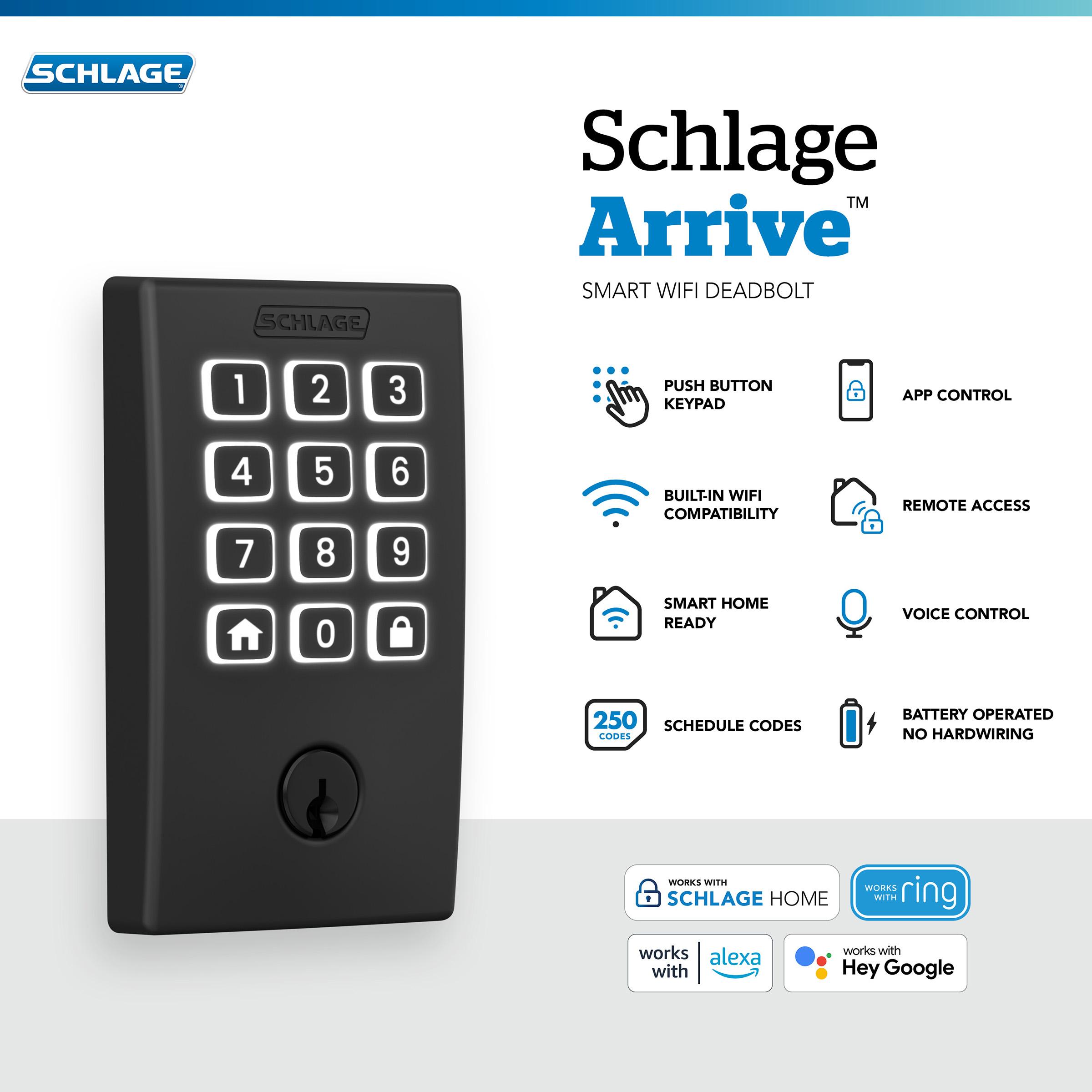 Schlage Arrive Smart WiFi Deadbolt with Century Trim in Matte Black
