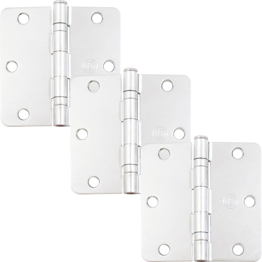 Stone Harbor Hardware 3-1/2" Ball-Bearing Door Hinges, 1/4" Radius Corner, Polished Chrome, 3-Pack