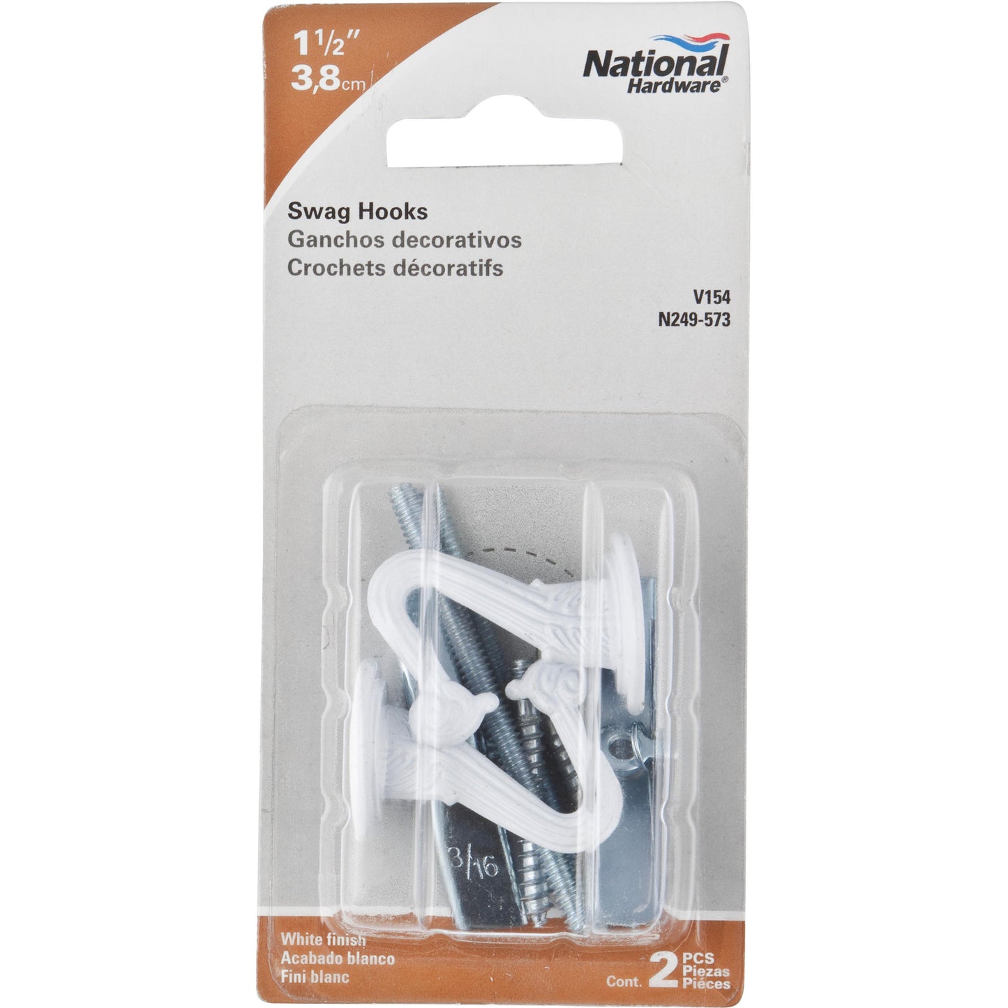 V154 1-1/2" Swag Hook 2/pk - White