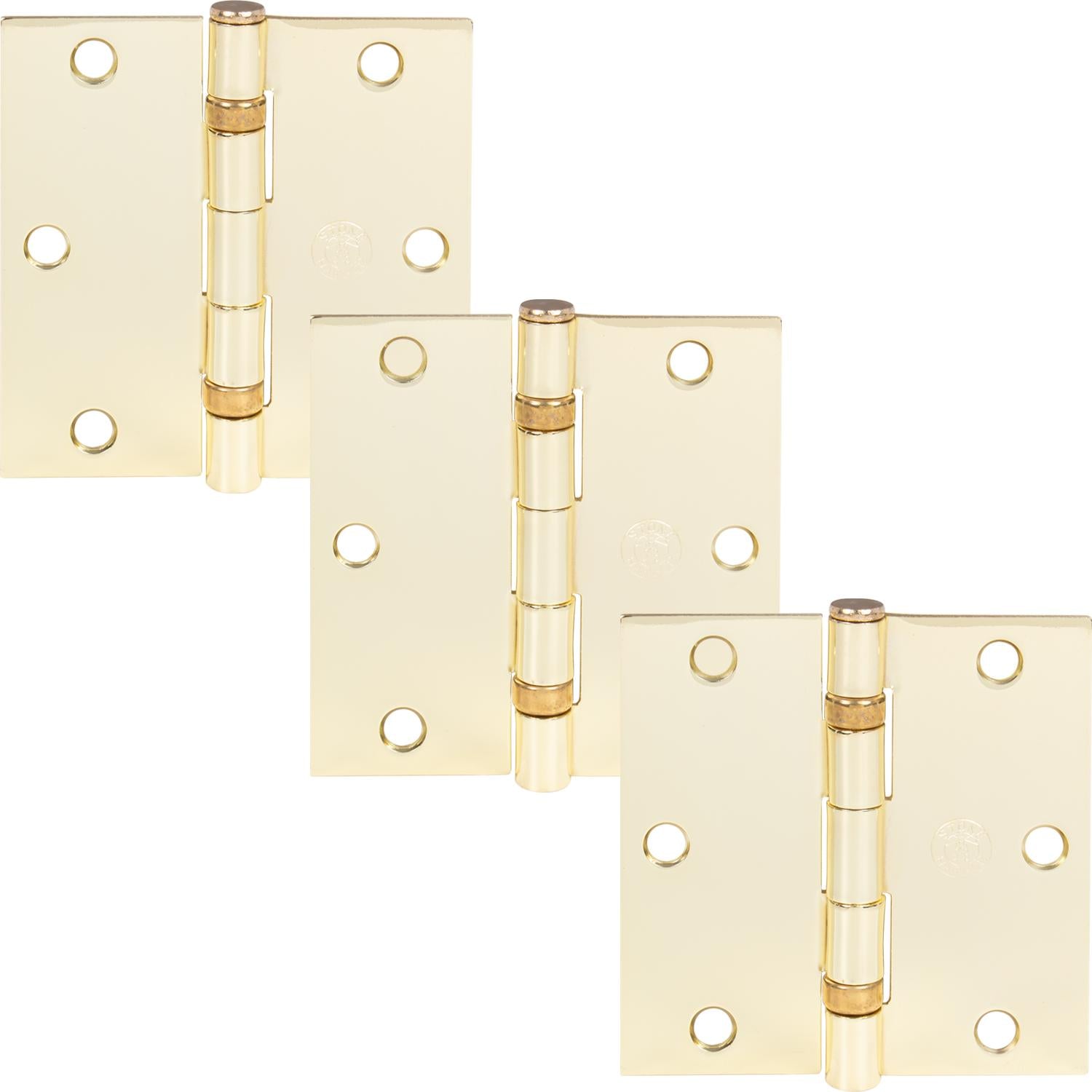 Stone Harbor Hardware 3-1/2" Ball-Bearing Door Hinges, Square Corner, Polished Brass, 3-Pack