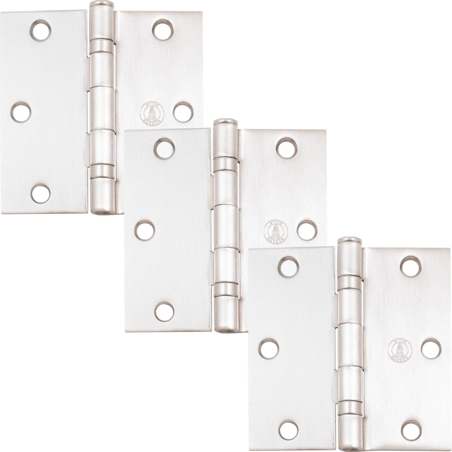 Stone Harbor Hardware 3-1/2" Ball-Bearing Door Hinges, Square Corner, Satin Nickel, 3-Pack