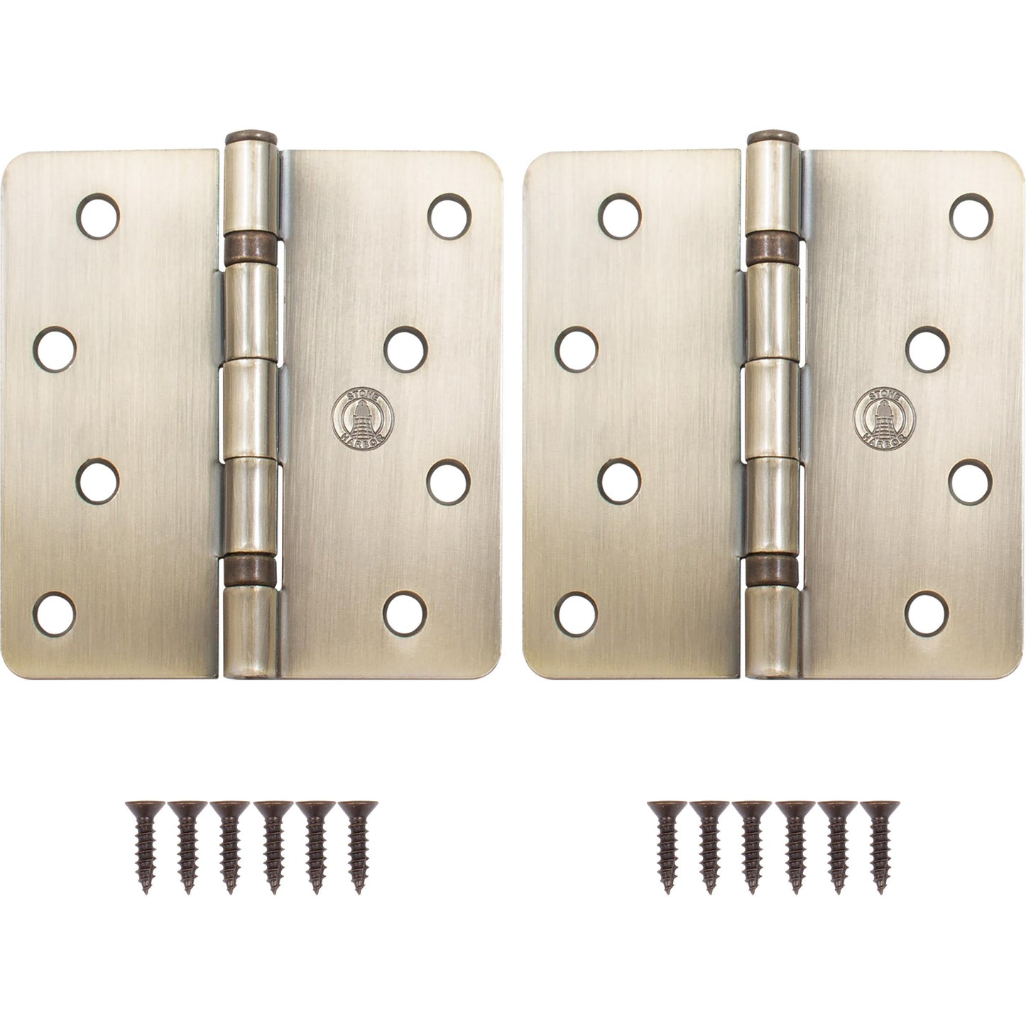 Stone Harbor Hardware 4" Ball-Bearing Door Hinges, 1/4" Radius Corner, Antique Brass, 2-Pack