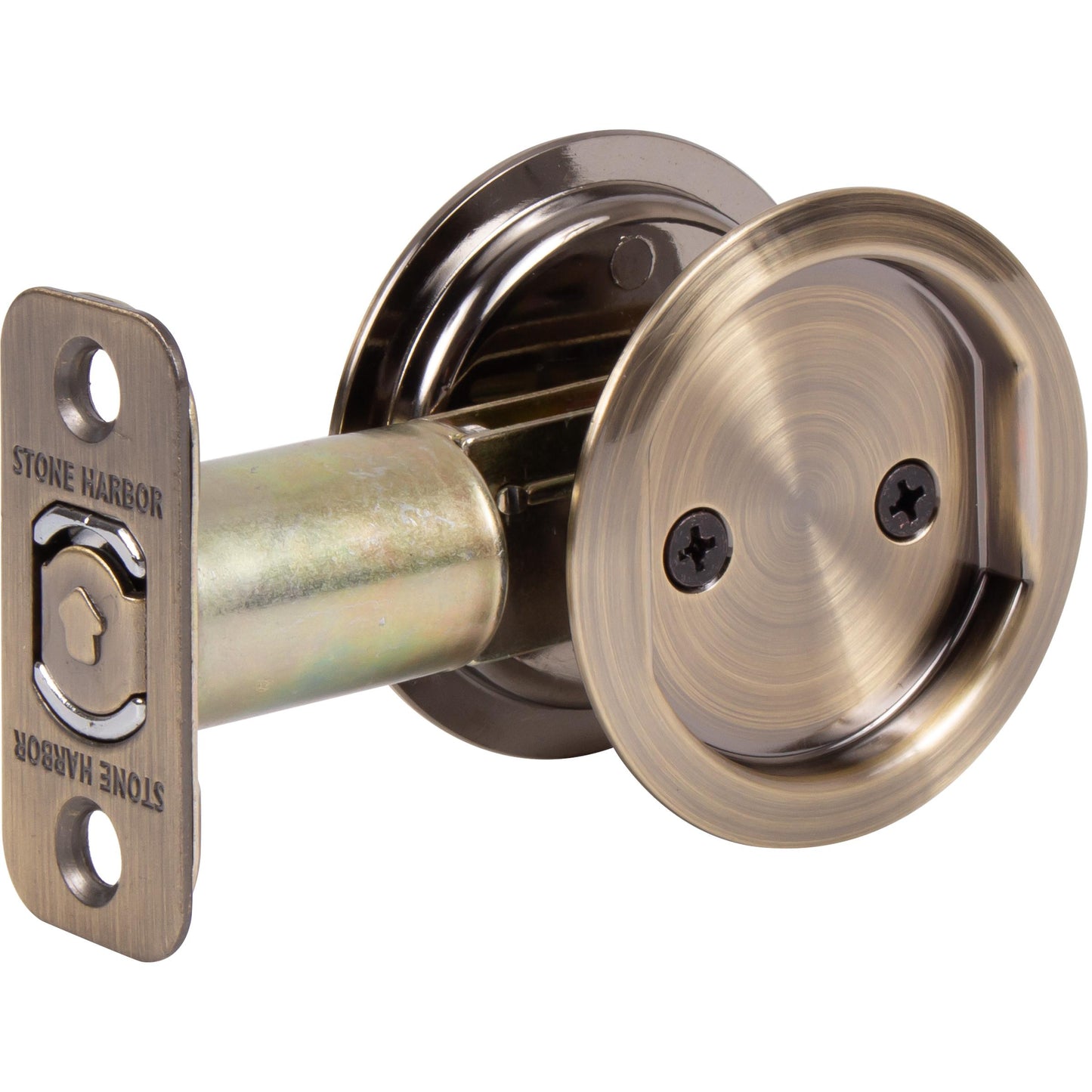Stone Harbor Hardware Round Pocket Door Lock, Passage Function, 2-3/4" Backset, Antique Brass