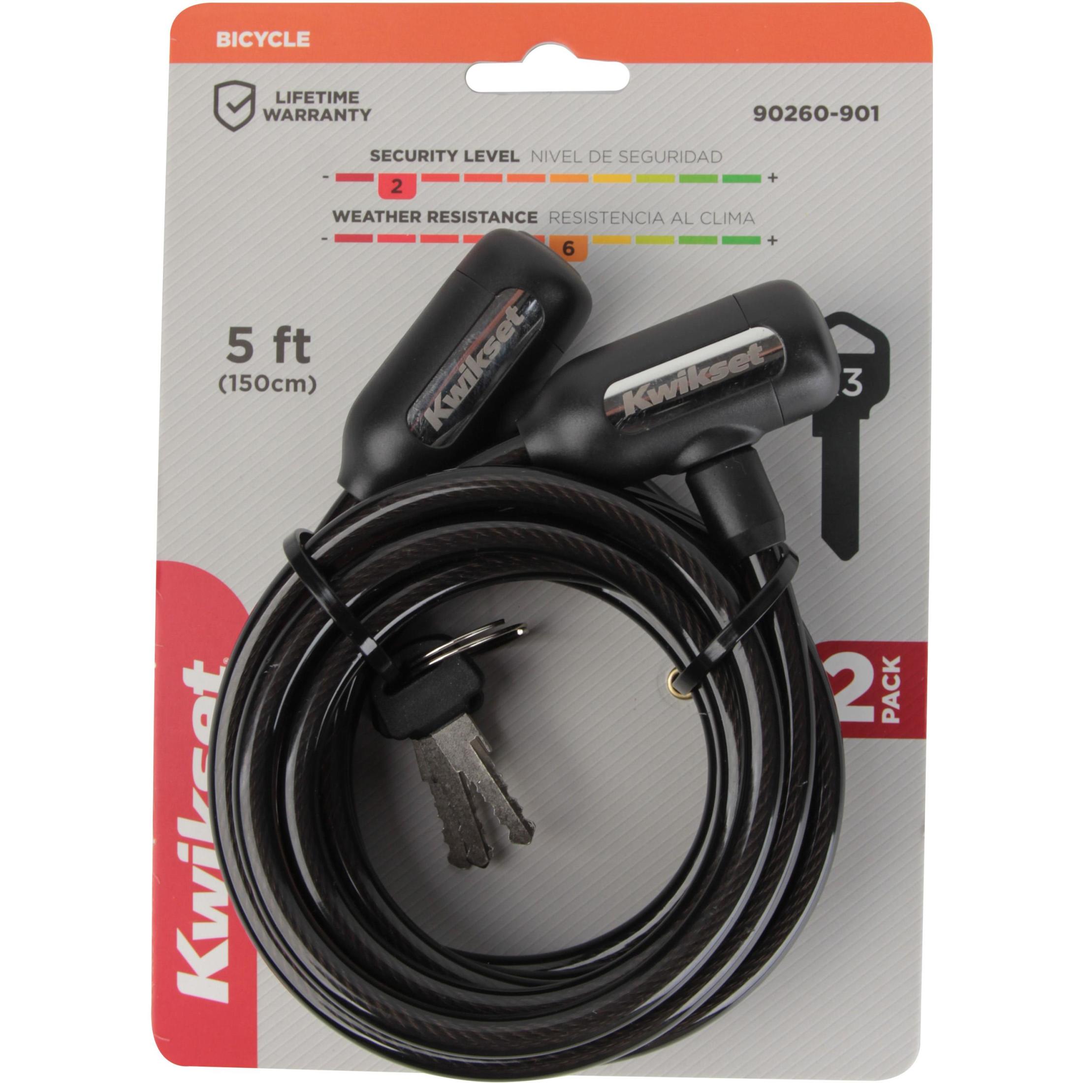 Kwikset 5' x 5/16" Keyed Bicycle Cable Lock KA, 2-Pack