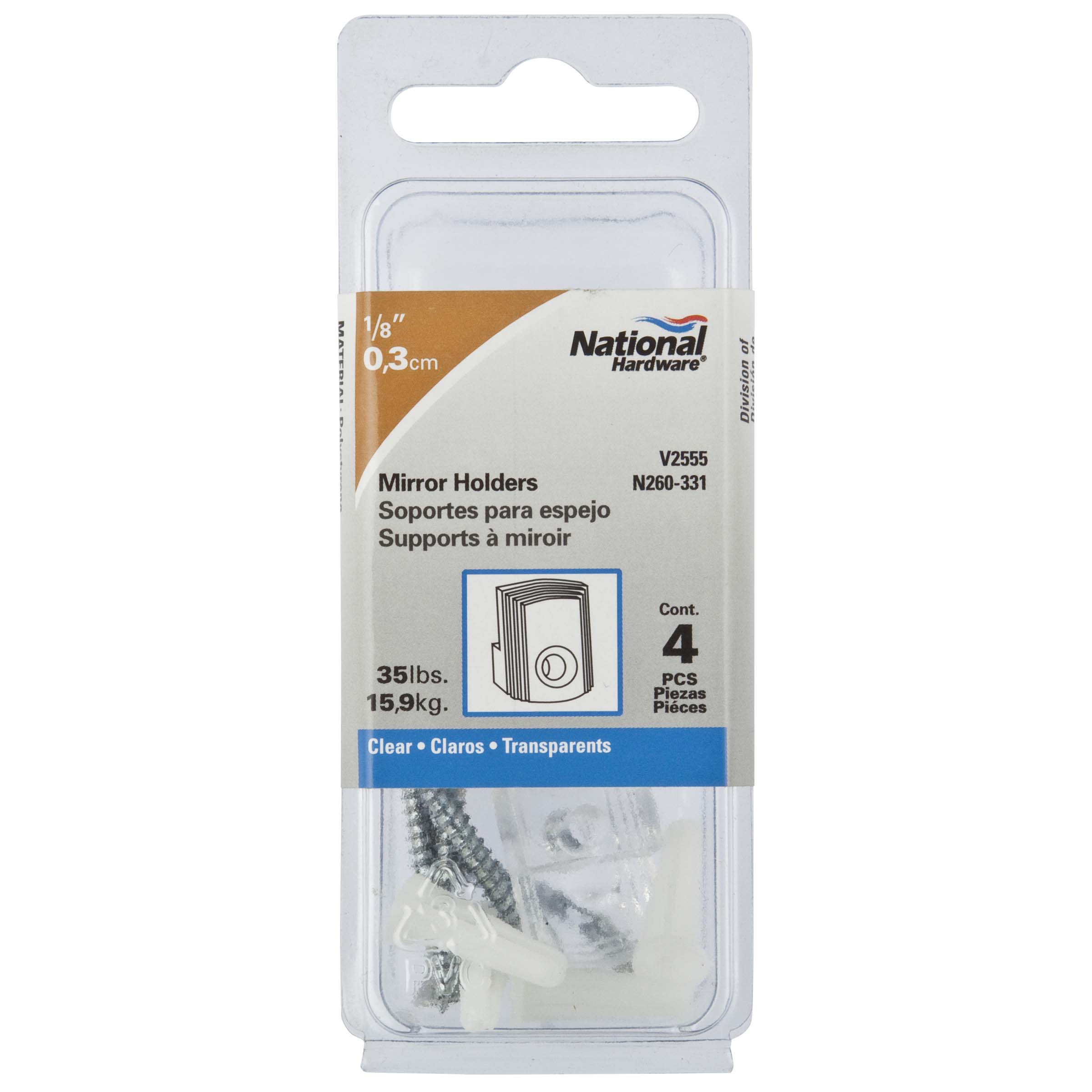 National Hardware - V2555-18 1/8" Mirror Holders with 35 lb. Weight Capacity. 4/pk - Clear
