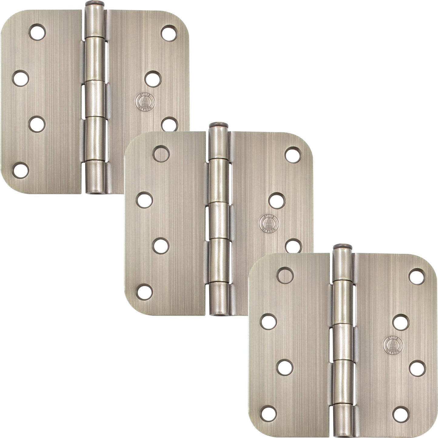Stone Harbor Hardware 4" Door Hinges, 5/8" Radius Corner, Antique Brass, 3-Pack