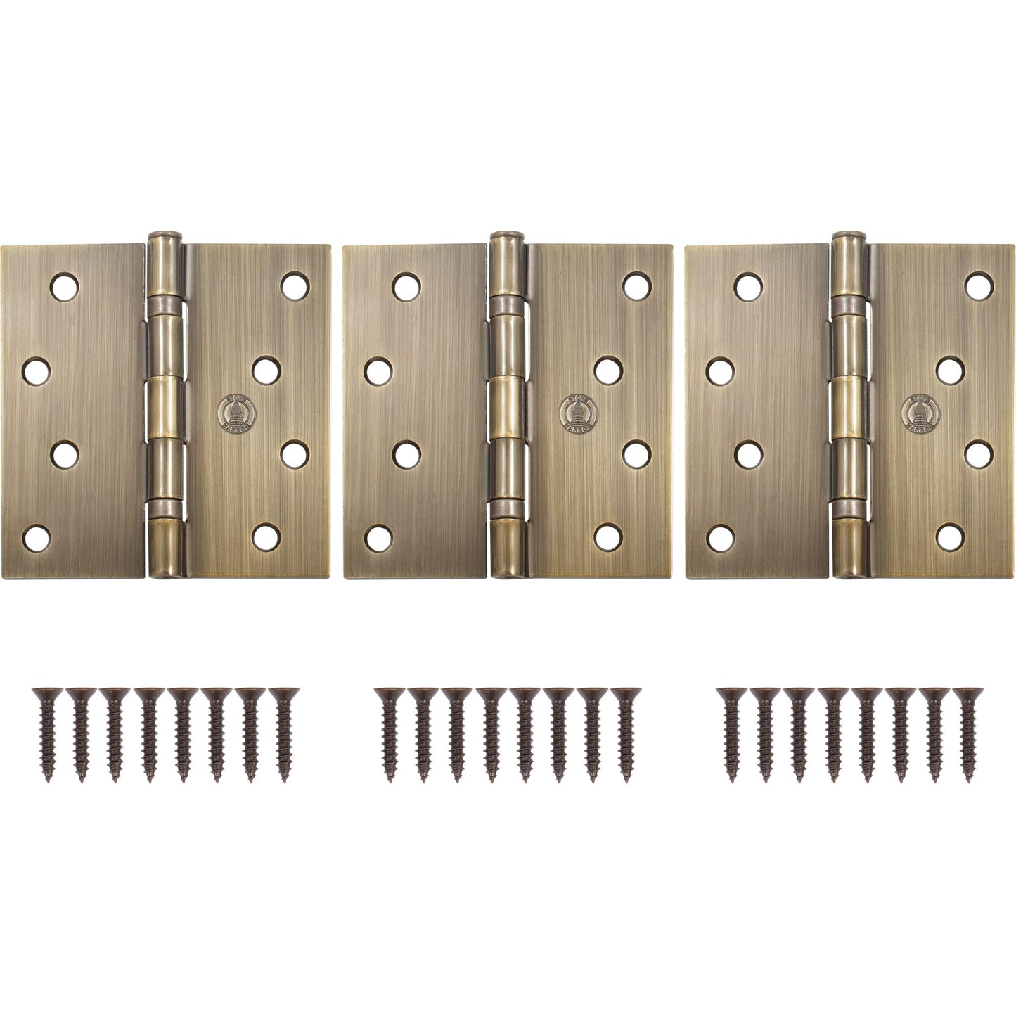 Stone Harbor Hardware 4" Ball-Bearing Door Hinges, Square Corner, Antique Brass, 3-Pack