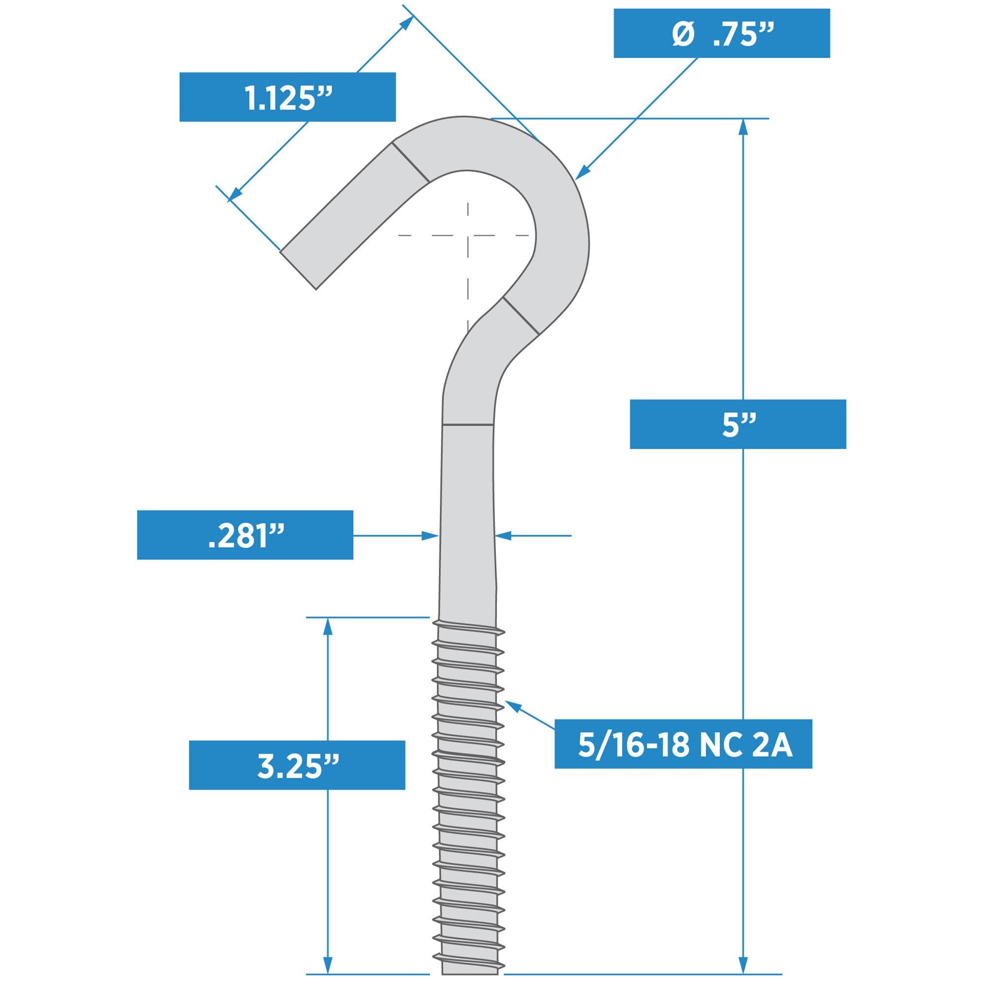 2162BC 5/16" x 5" Hook Bolt - Zinc Plated