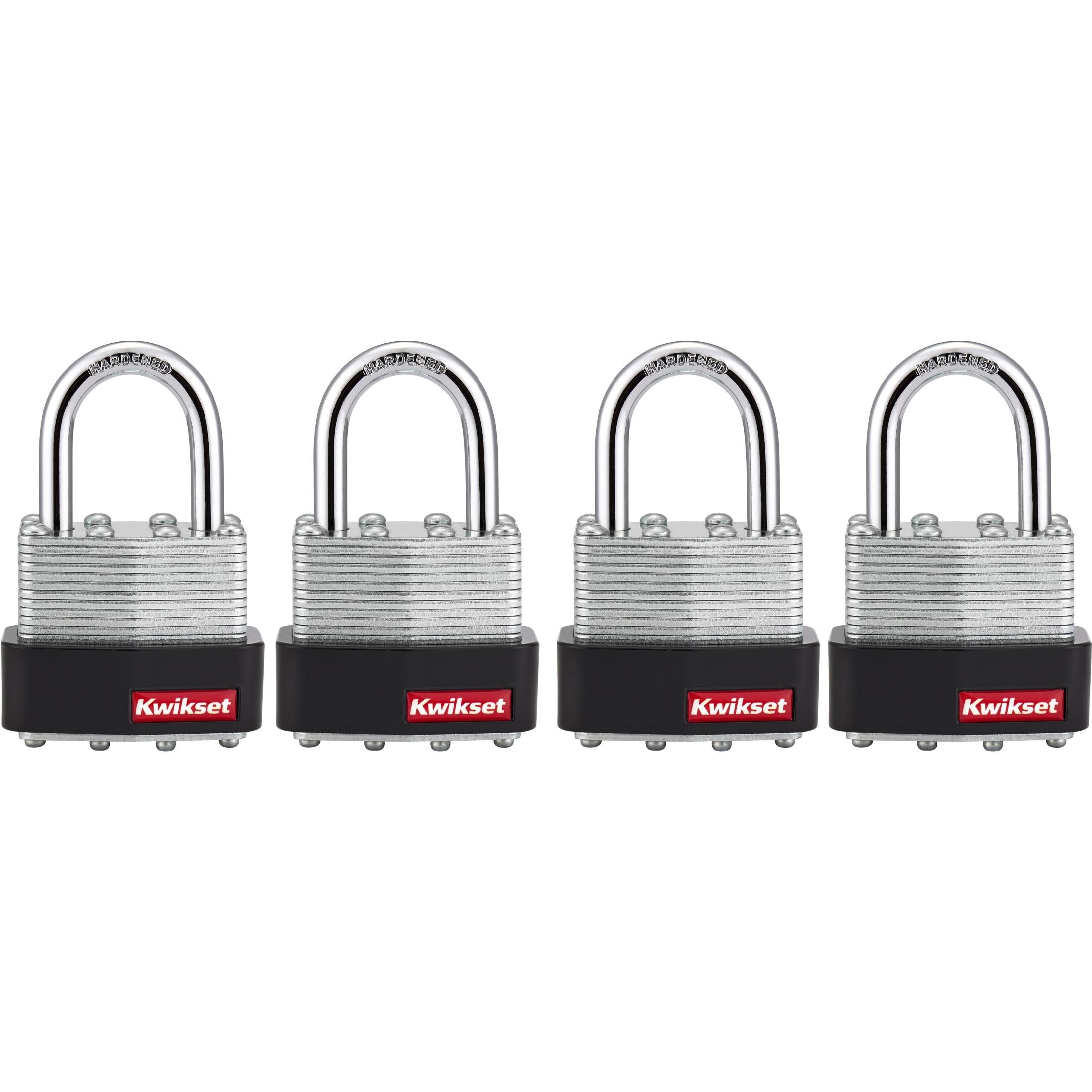 Kwikset 1-9/16" Laminated Padlock KA with 1" Shackle, 4-Pack