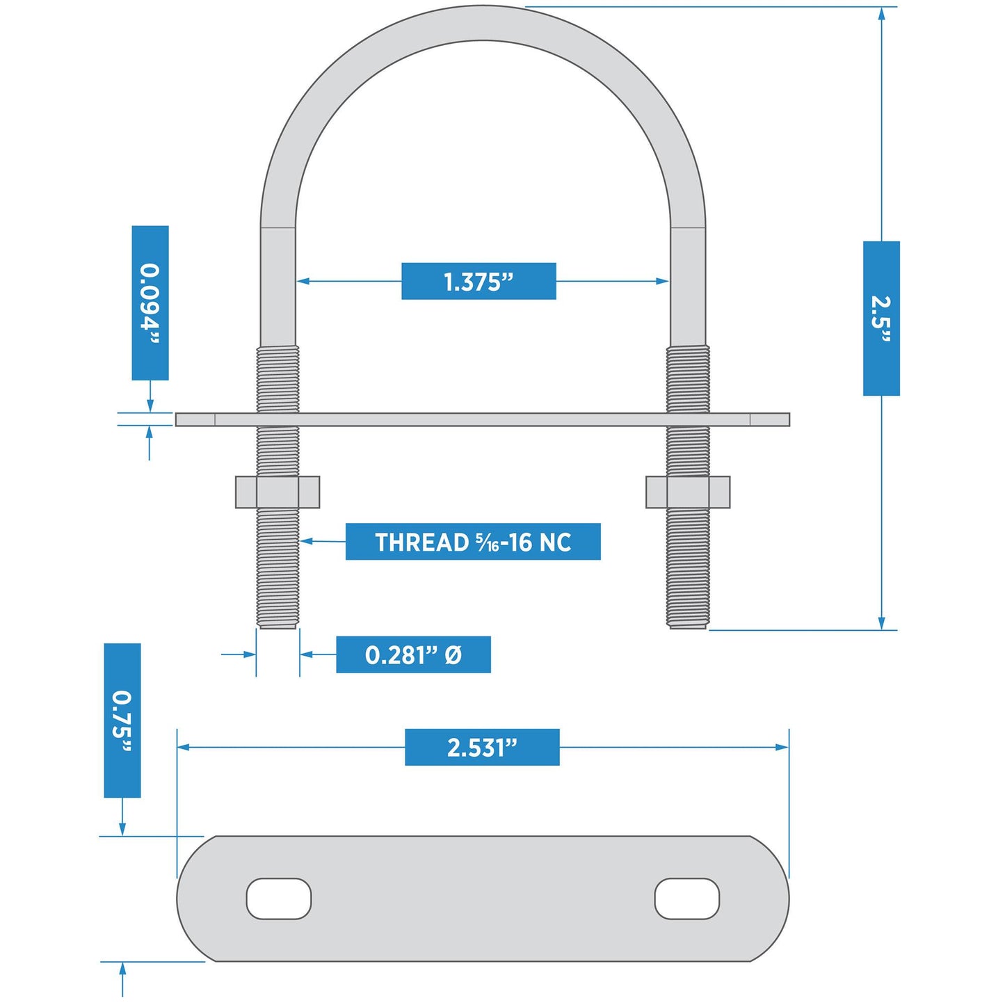 2190BC #512, 5/16" x 1-3/8" x 2-1/2" U-Bolt - Zinc Plated