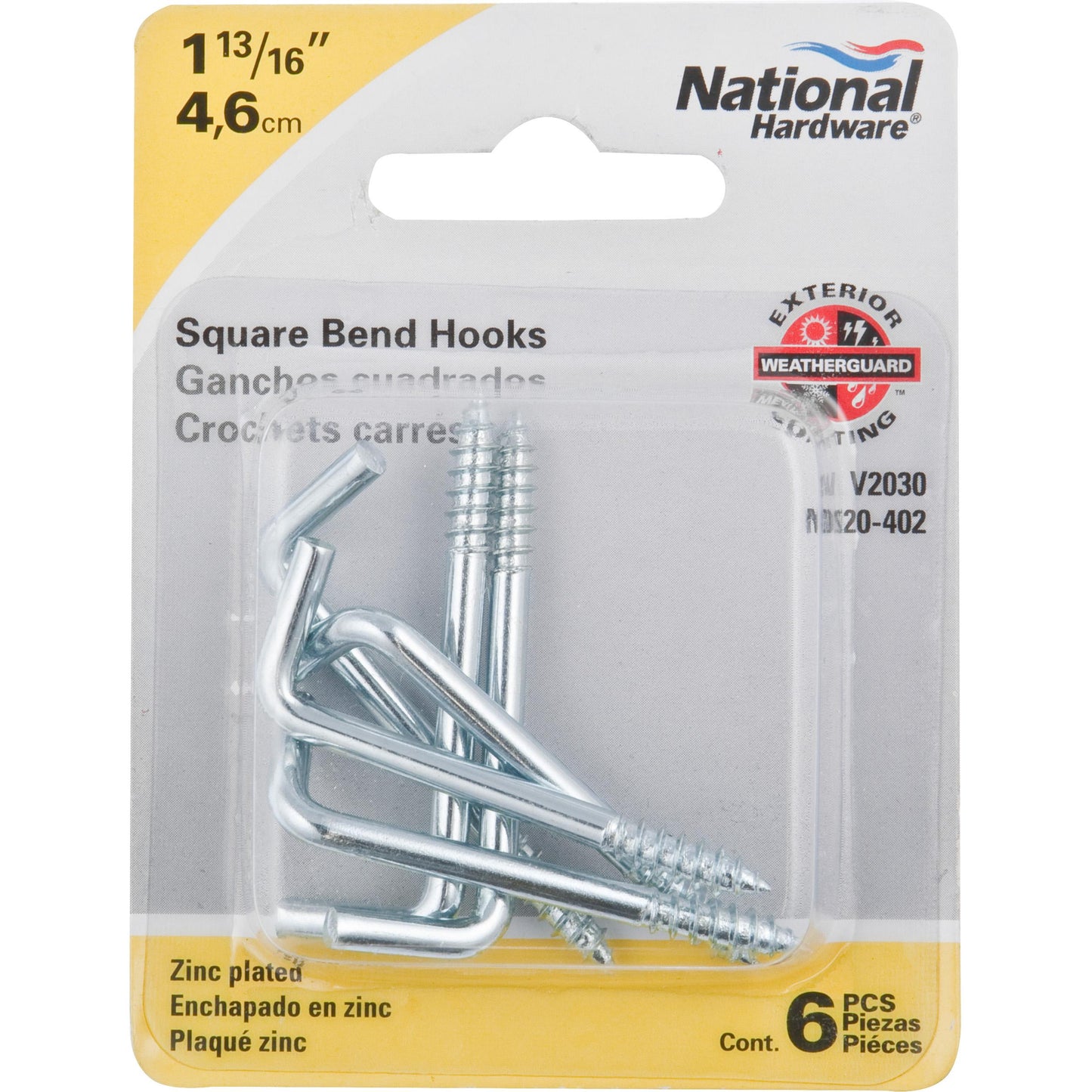 V2030 #110 1-13/16" Square Bend Hook 6/pk - Zinc Plated