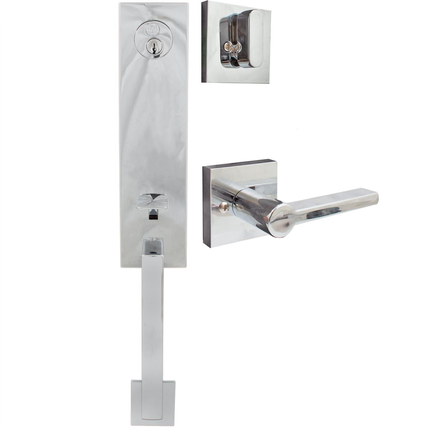 Stone Harbor Hardware Munich Handleset, Vienna Interior Trim, Square Rose, SC Keyway, Polished Chrome