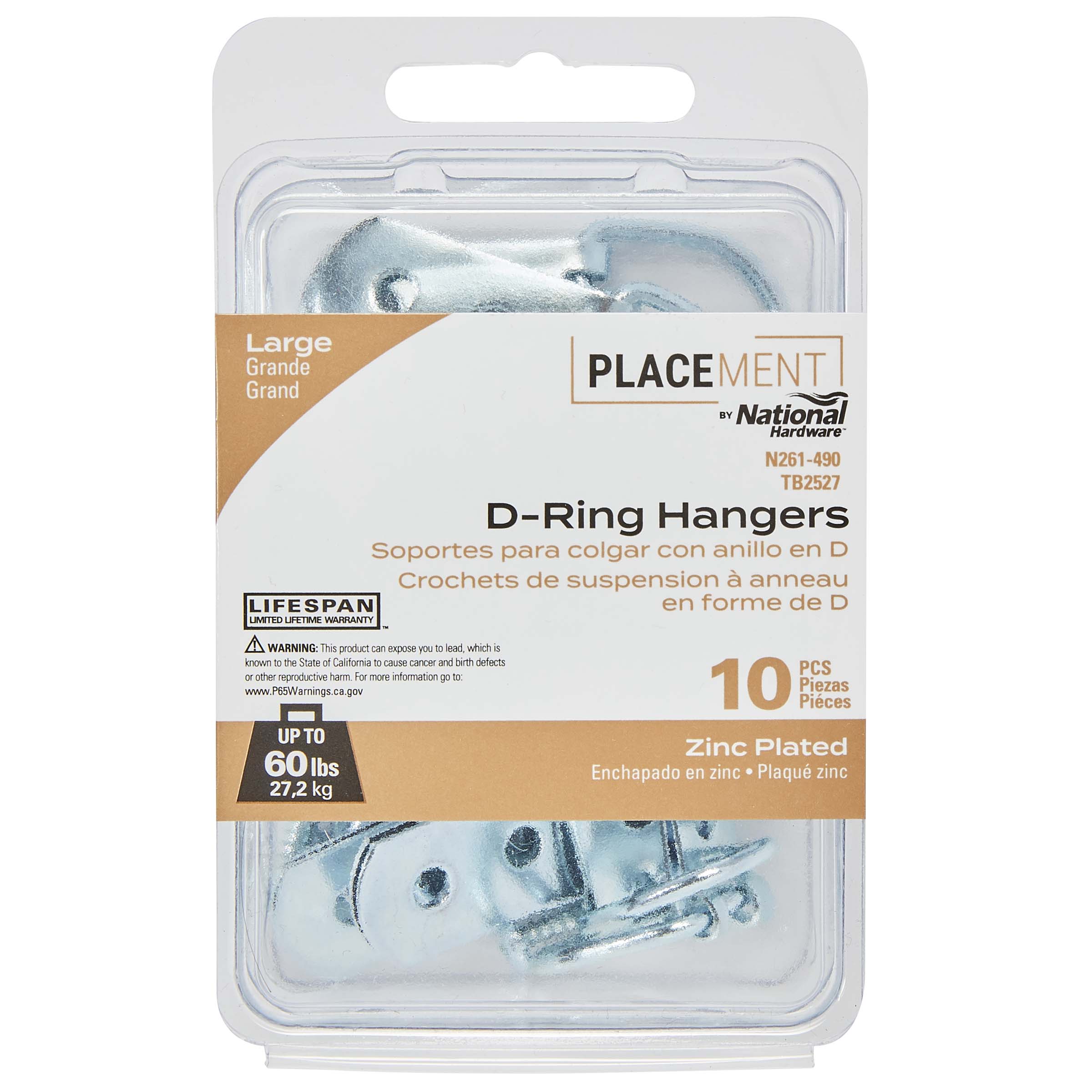 TB2527-L 2-7/32" D-Ring Hangers, 10/pk - Zinc