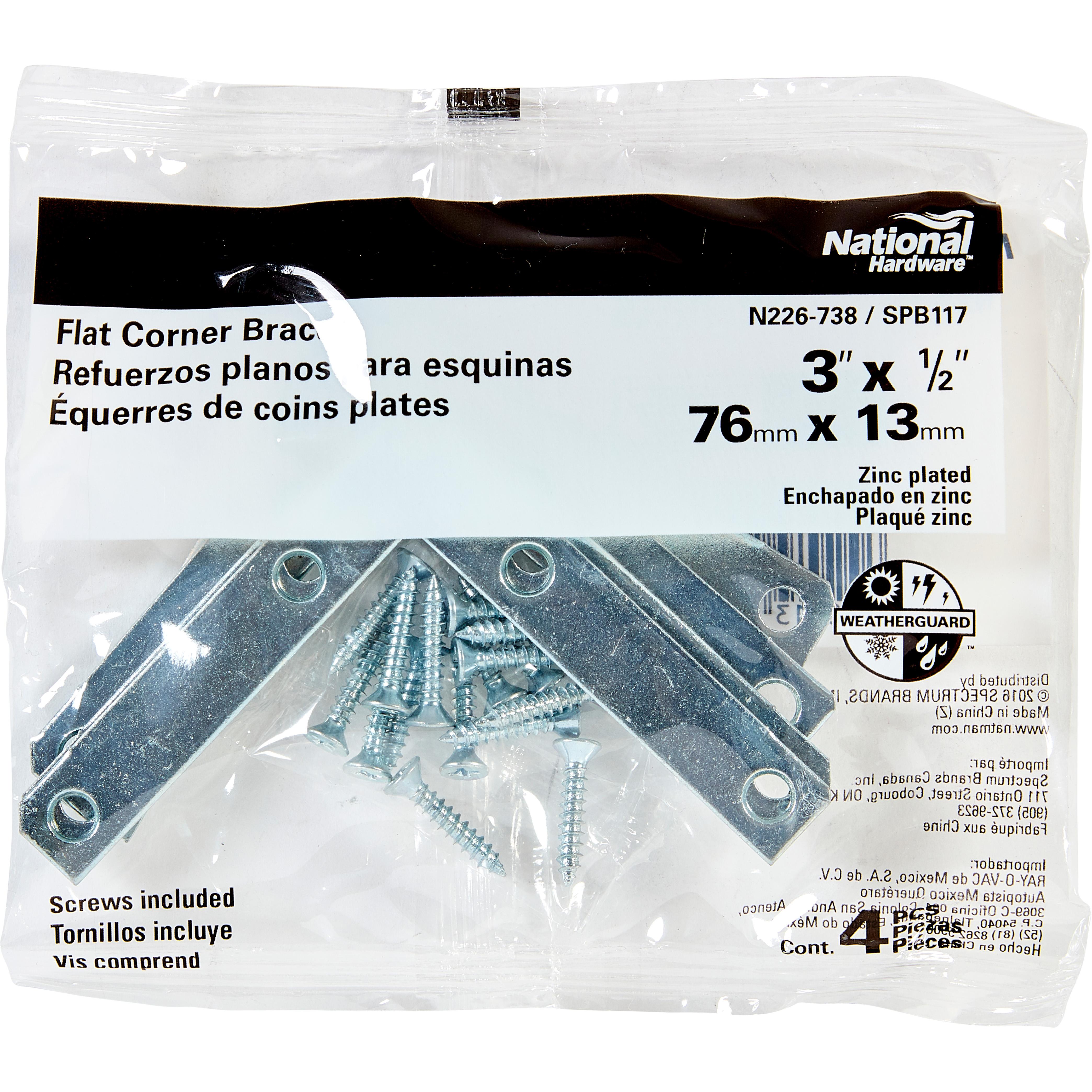 SPB117 3" x 1/2" Flat Corner Plate 4/pk - Zinc Plated