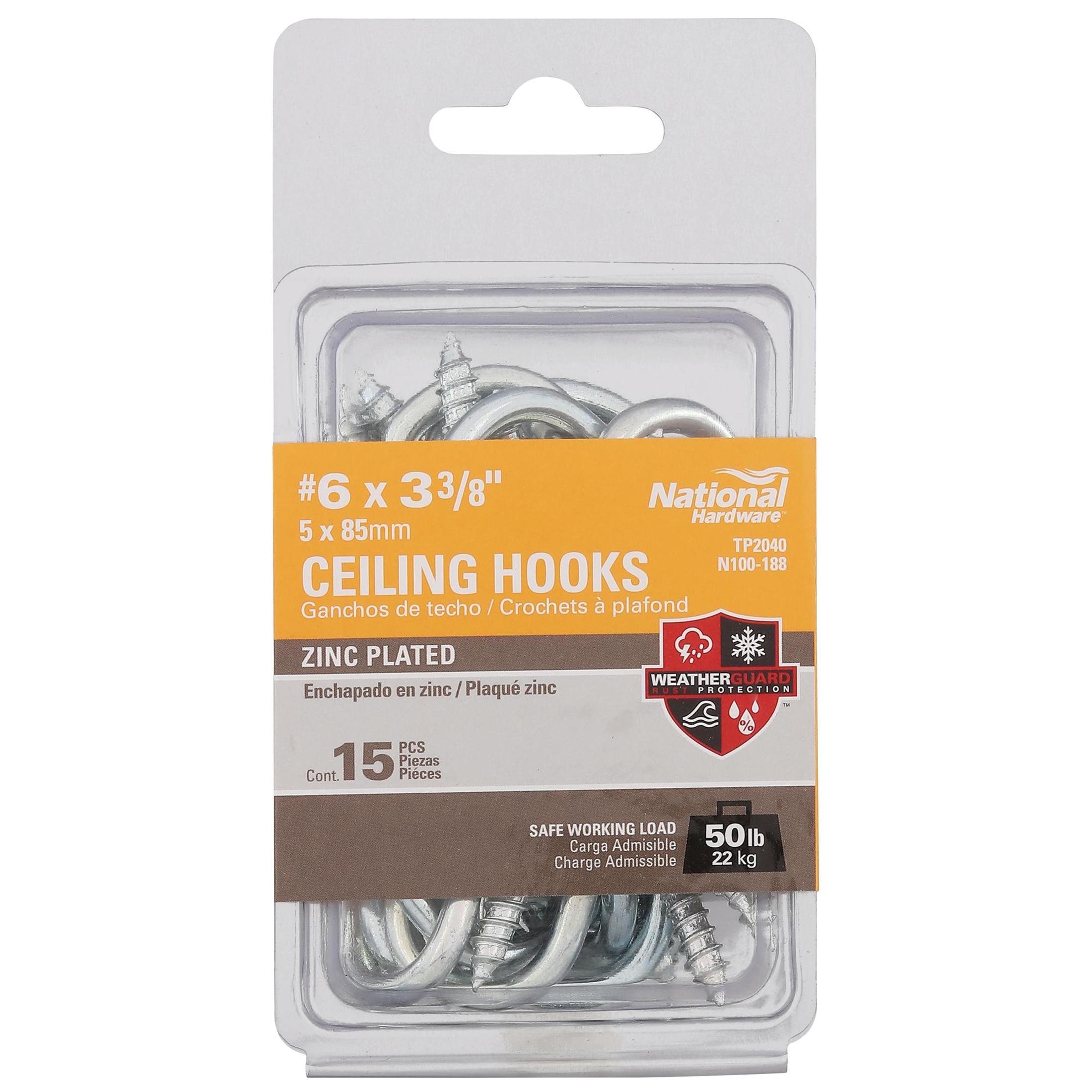 National Hardware -N100-188 TP2040 #6, 3-3/8"  Ceiling Hooks in Zinc Plated, 15 pack