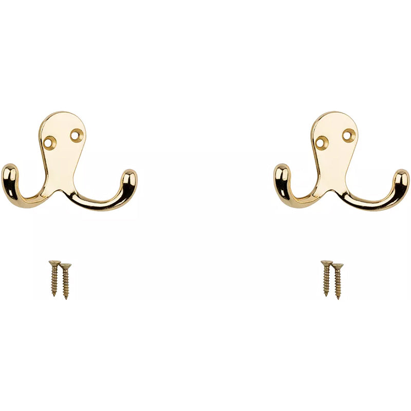 V163 Double Clothes Hook 2/pk - Polished Brass