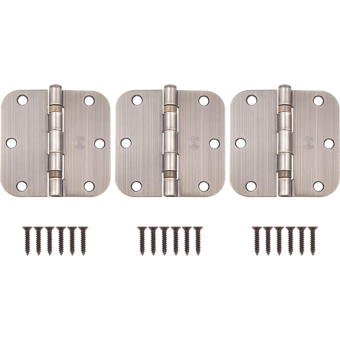 Stone Harbor Hardware 3-1/2" Ball-Bearing Door Hinges, 5/8" Radius Corner, Antique Brass, 3-Pack