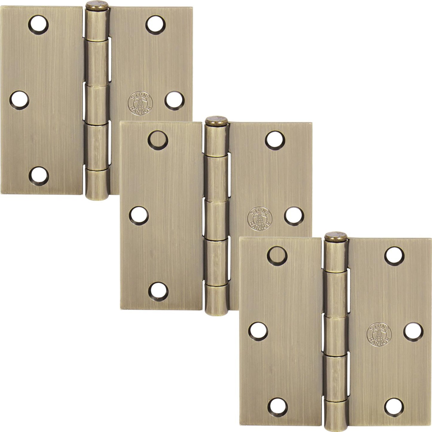 Stone Harbor Hardware 3-1/2" Door Hinges, Square Corner, Antique Brass, 3-Pack