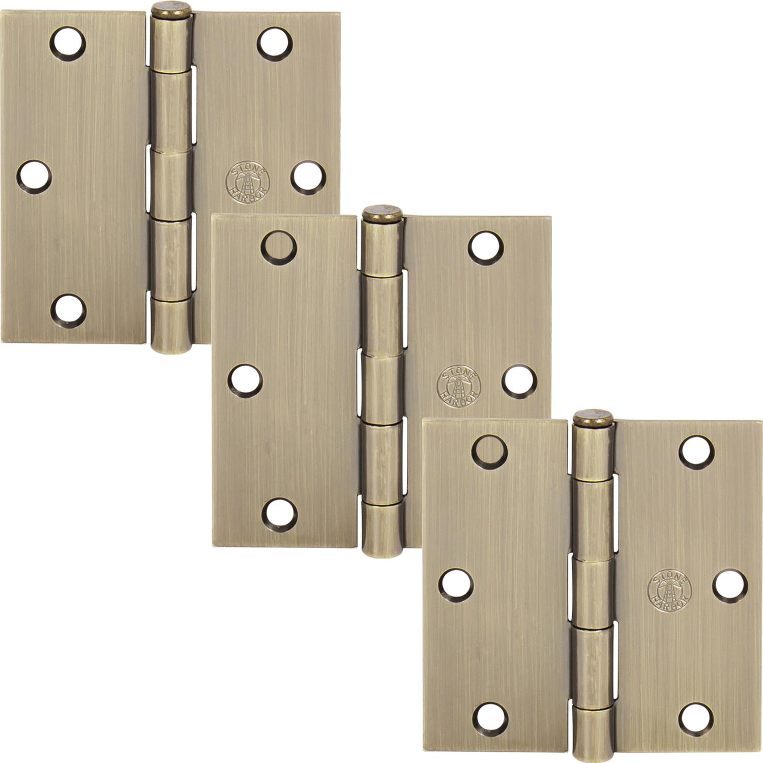 Stone Harbor Hardware 3-1/2" Door Hinges, Square Corner, Antique Brass, 3-Pack