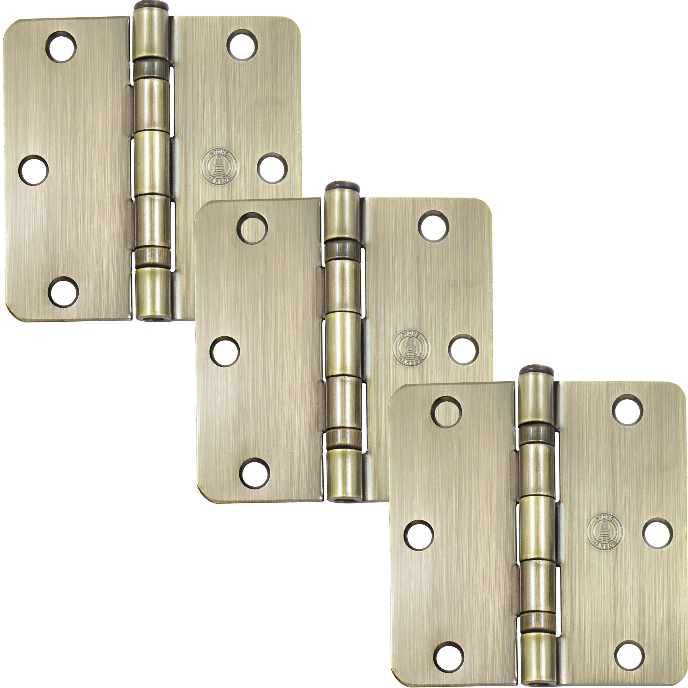 Stone Harbor Hardware 3-1/2" Ball-Bearing Door Hinges, 1/4" Radius Corner, Antique Brass, 3-Pack