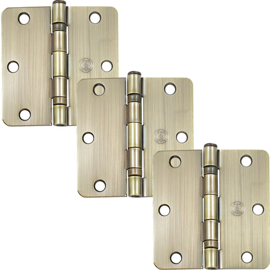 Stone Harbor Hardware 3-1/2" Ball-Bearing Door Hinges, 1/4" Radius Corner, Antique Brass, 3-Pack
