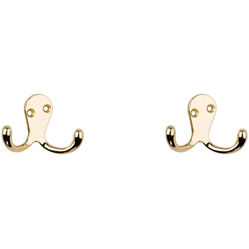 V163 Double Clothes Hook 2/pk - Polished Brass