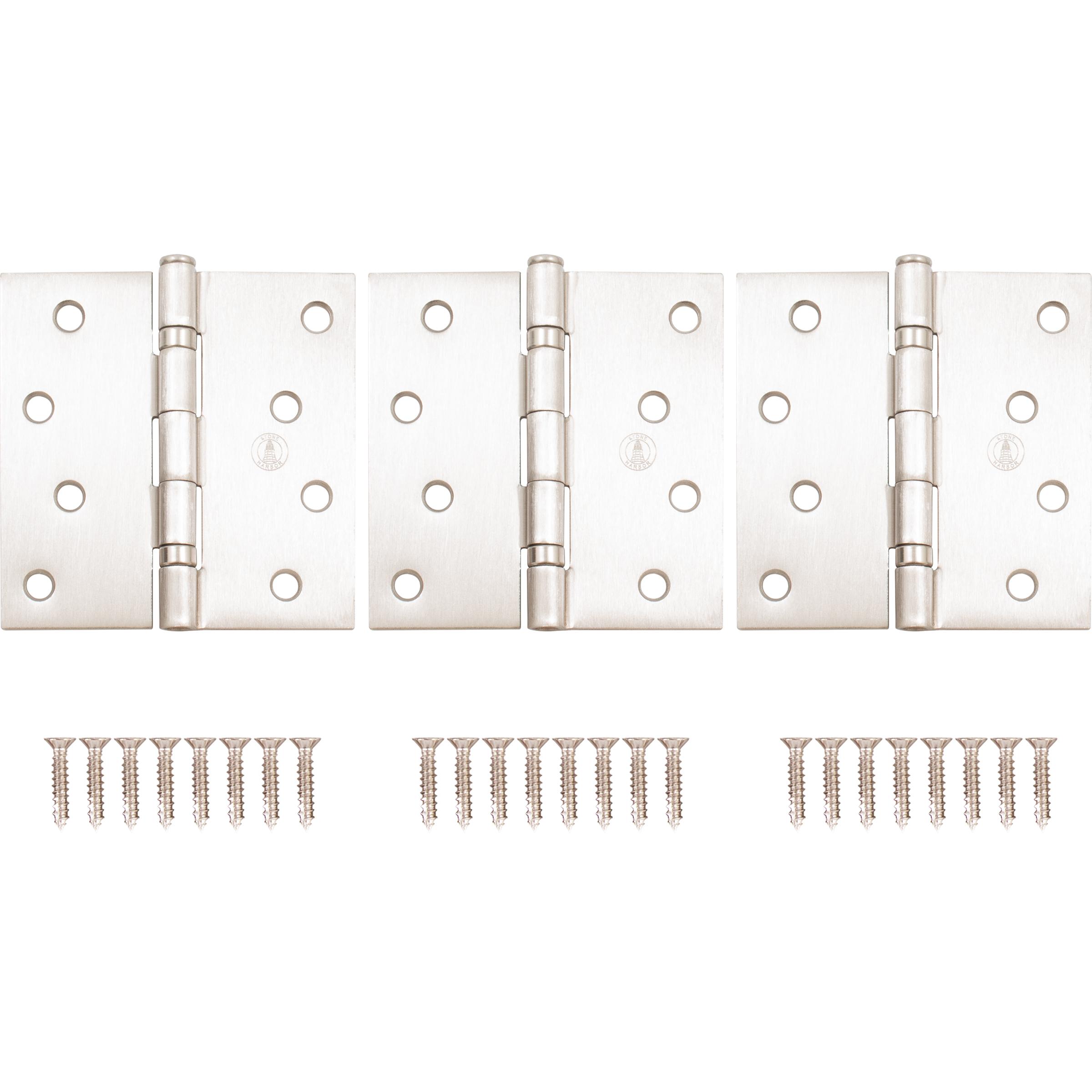 Stone Harbor Hardware 4" Ball-Bearing Door Hinges, Square Corner, Satin Nickel, 3-Pack
