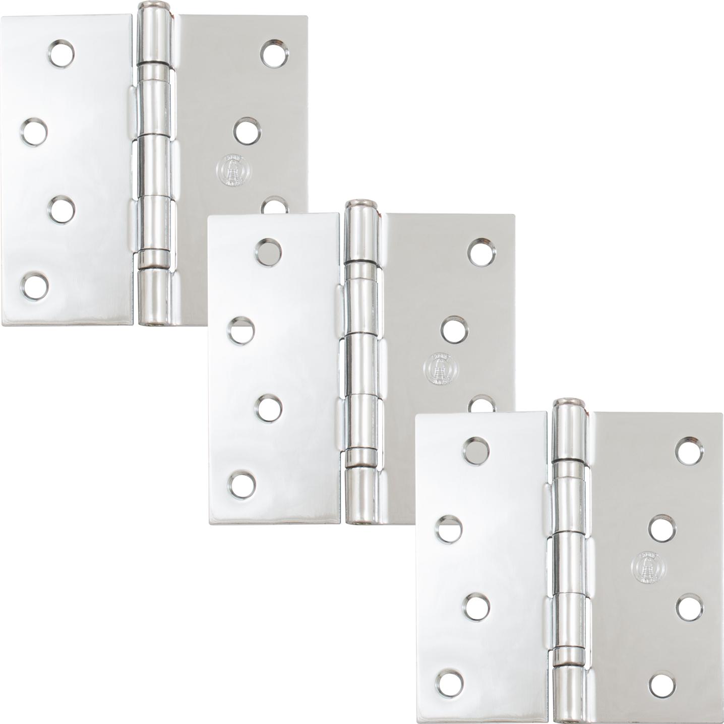 Stone Harbor Hardware 4" Ball-Bearing Door Hinges, Square Corner, Polished Chrome, 3-Pack