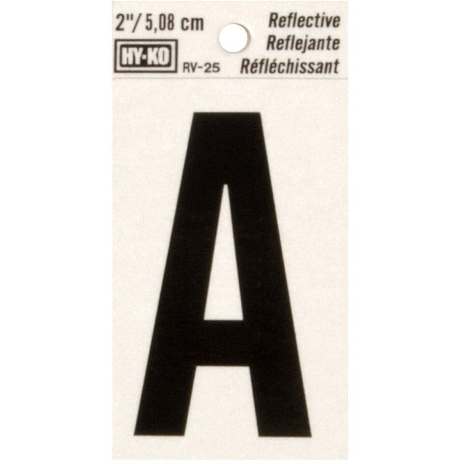 Hy-Ko RV-25/A 1-1/2" x 3" Self-Adhesive Reflective Vinyl Letter A Sign, Black