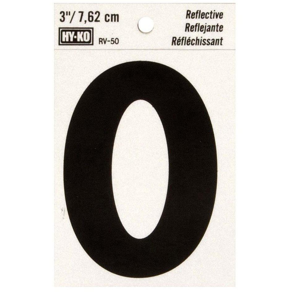 Hy-Ko RV-50/0 2-1/2" x 4" Self-Adhesive Reflective Vinyl Number 0 Sign, Black