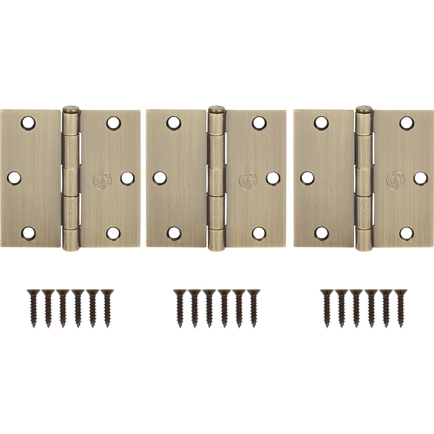 Stone Harbor Hardware 3-1/2" Door Hinges, Square Corner, Antique Brass, 3-Pack